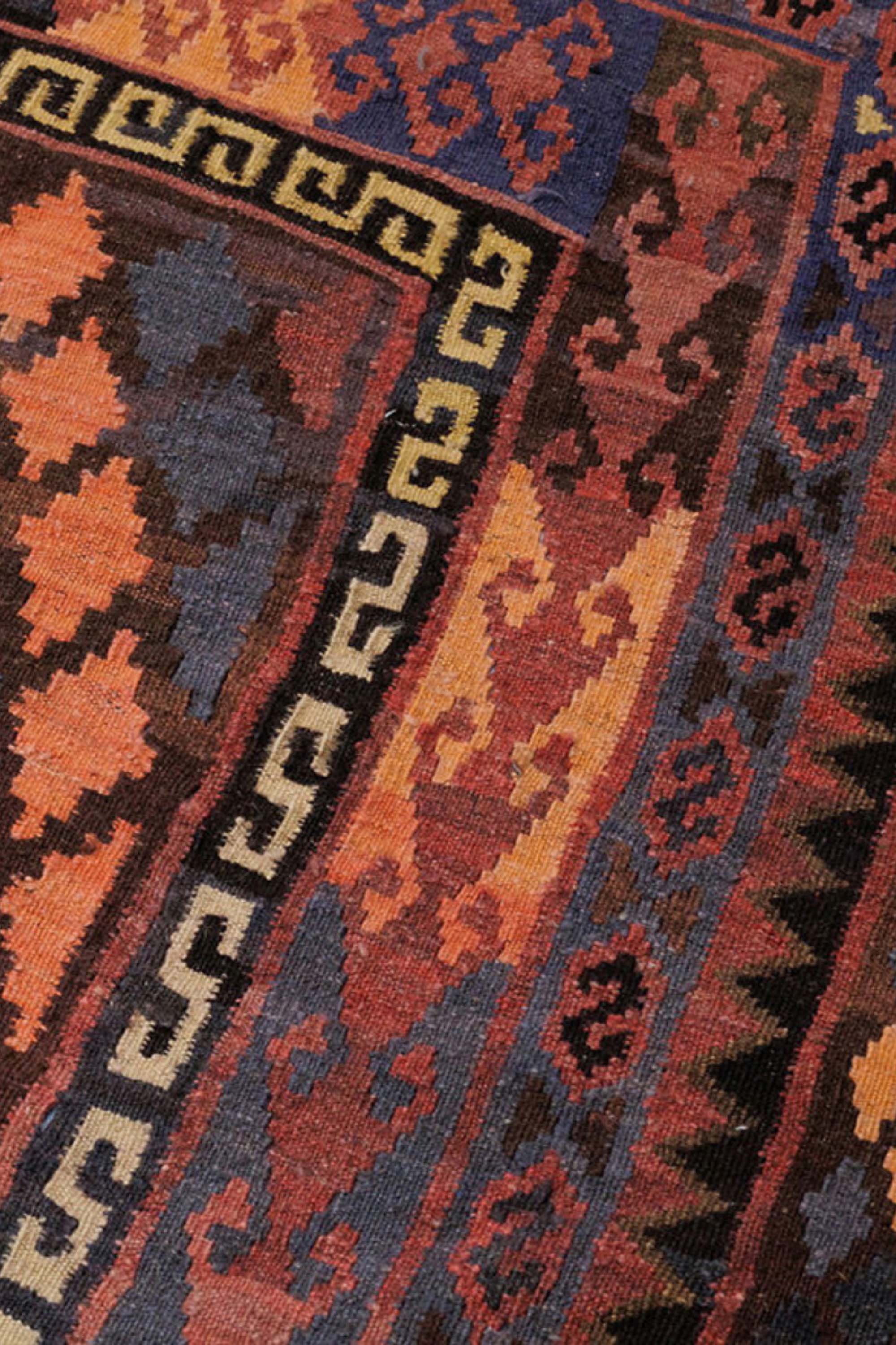 authentic oriental kelim flatweave large rug with traditional geometric design in red multicolour