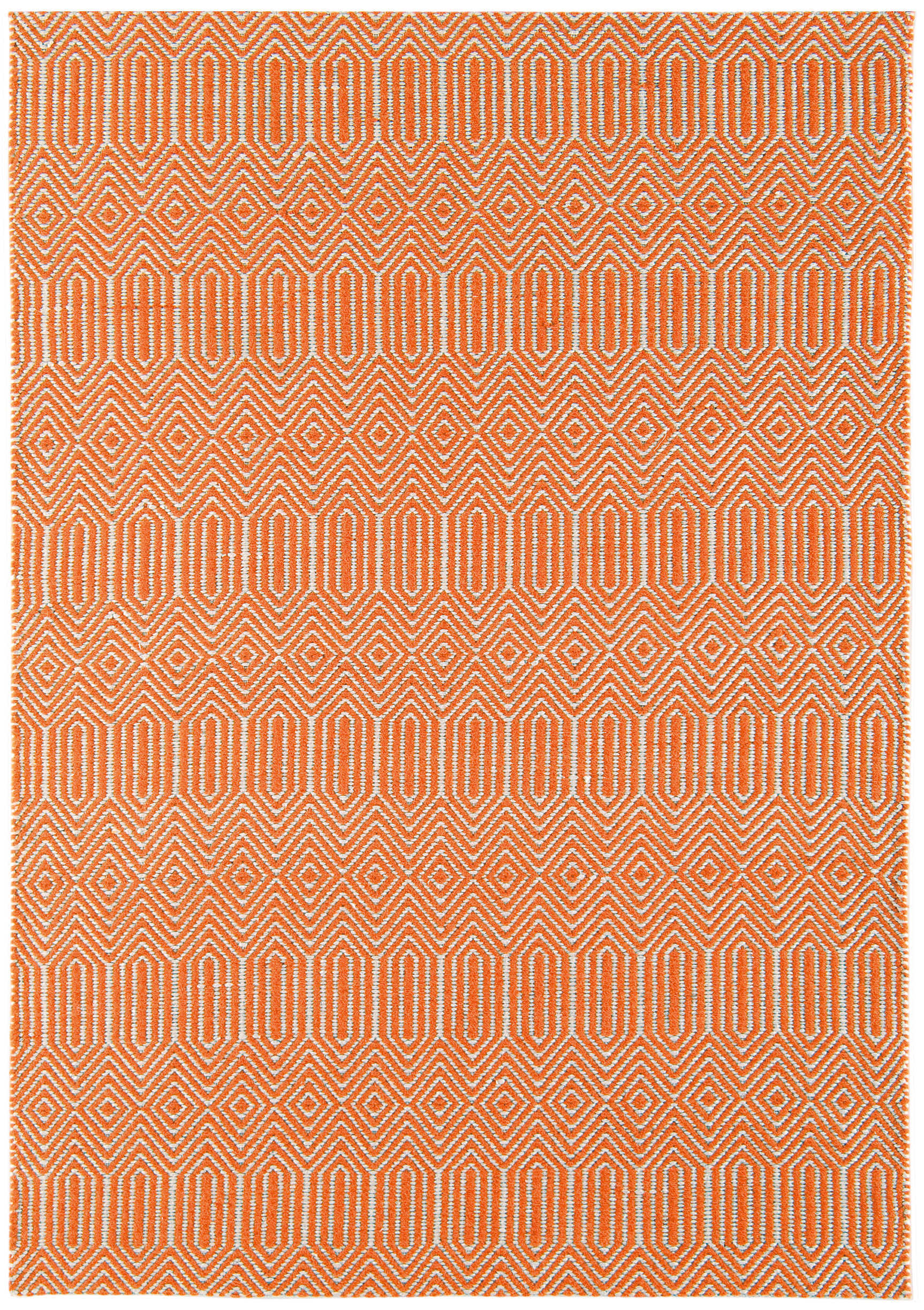 orange and white woven rug with aztec chevron pattern