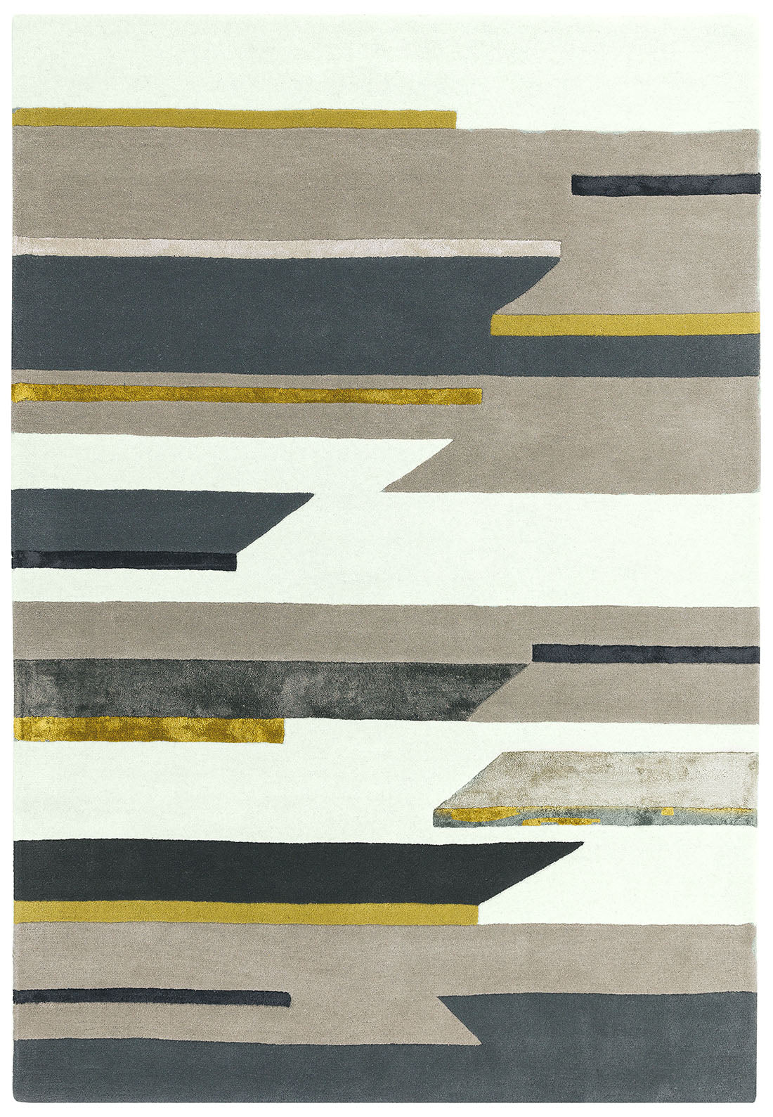 geometric rug in grey, white and mustard yellow