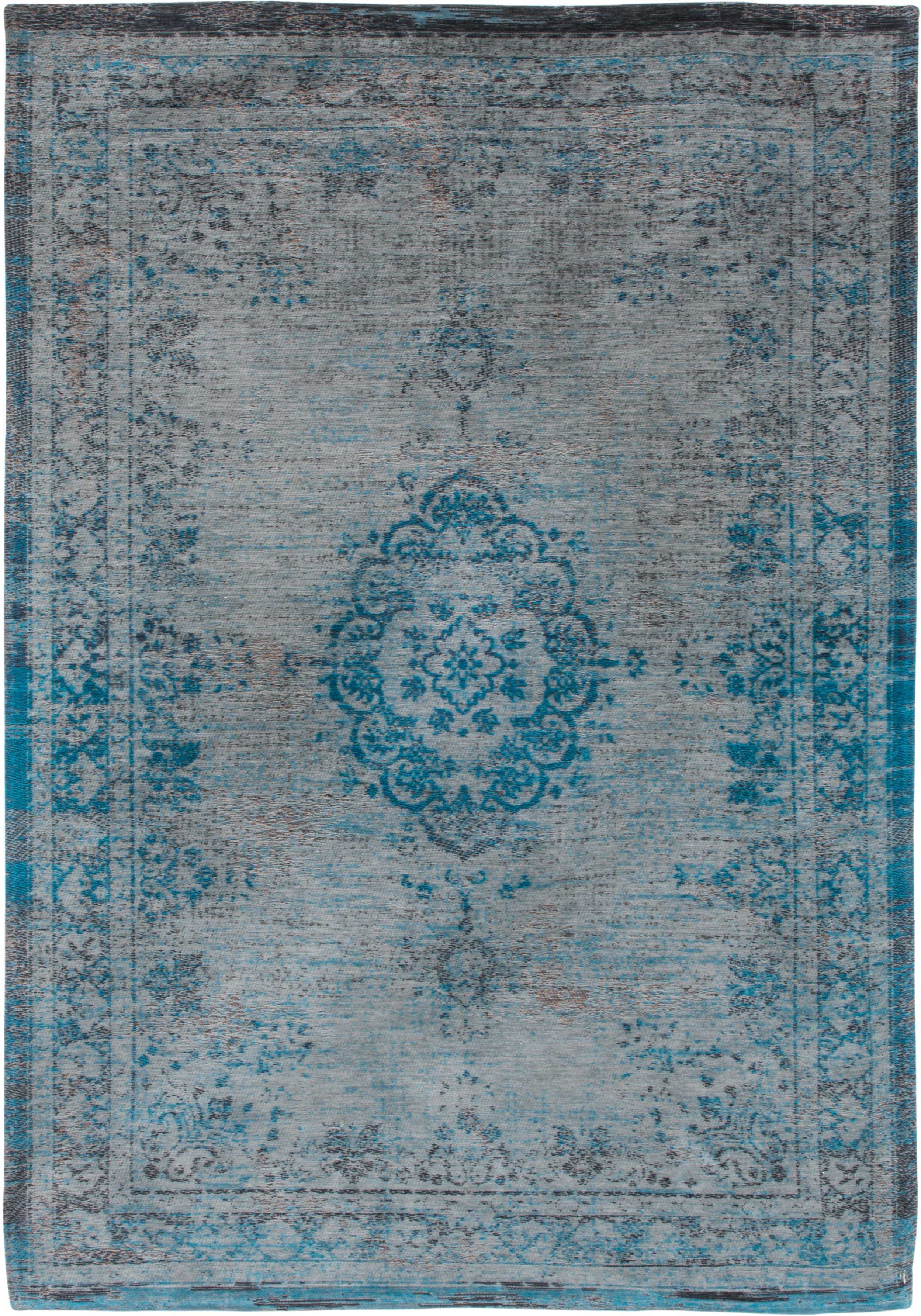 Grey and blue flatweave rug with faded persian design
