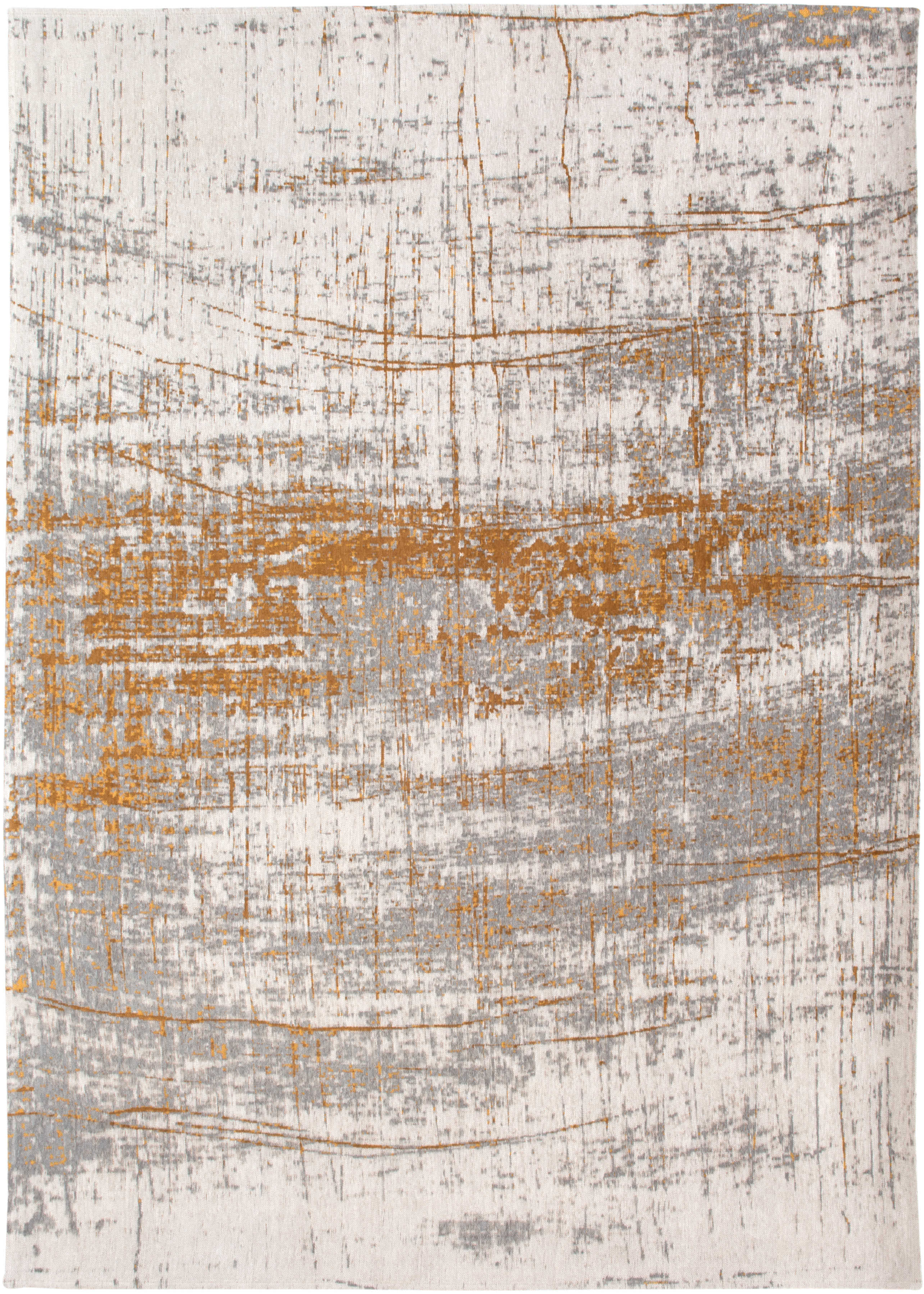 White flatweave rug with grey and yellow abstract pattern