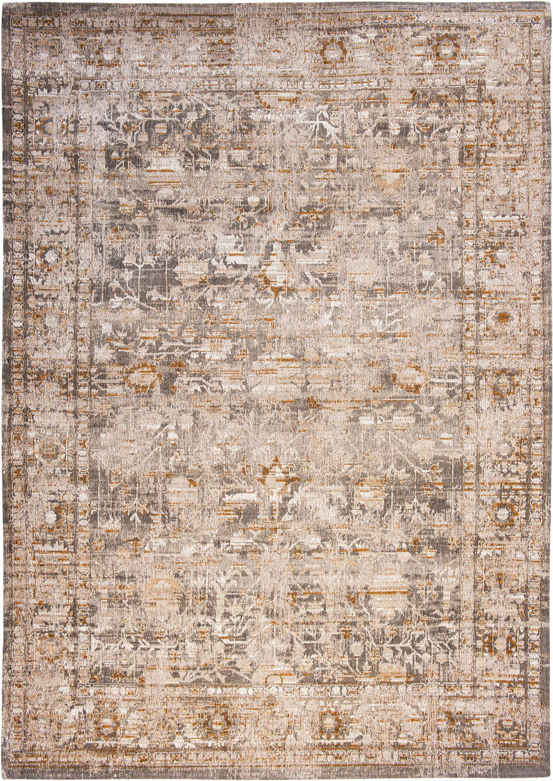Distressed beige rug with turkish floral medallions and border in gold and grey