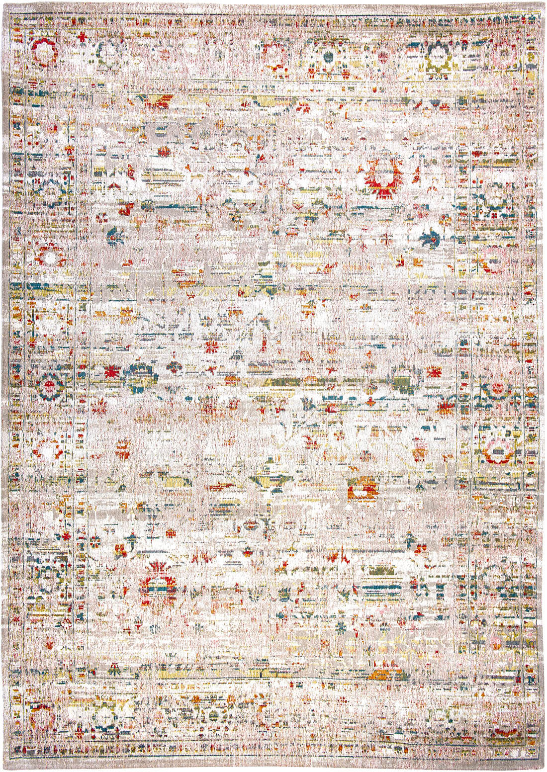 Distressed beige rug with turkish floral medallions and border in teal, terracotta and yellow