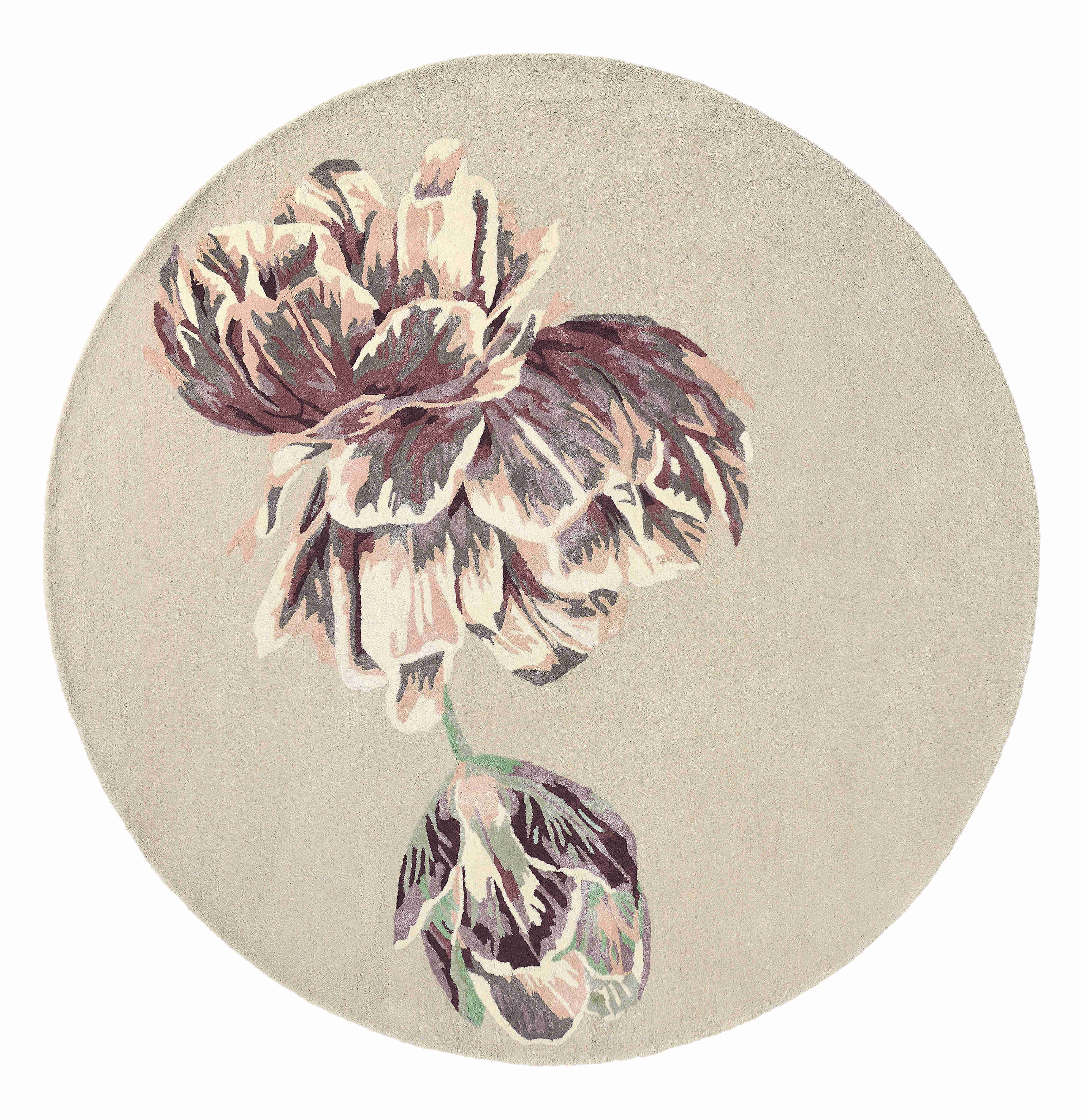 Round beige rug with large white and purple flower motif