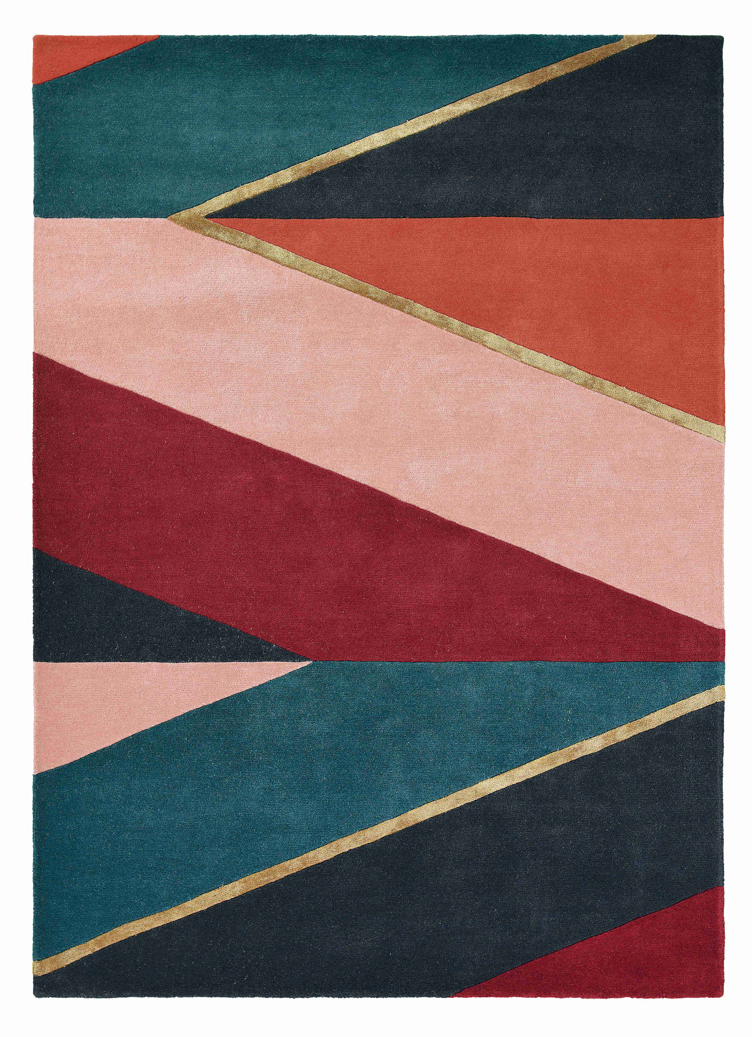 Rectangular rug with geometric stripe pattern in green, coral, nude and red. Gold details.