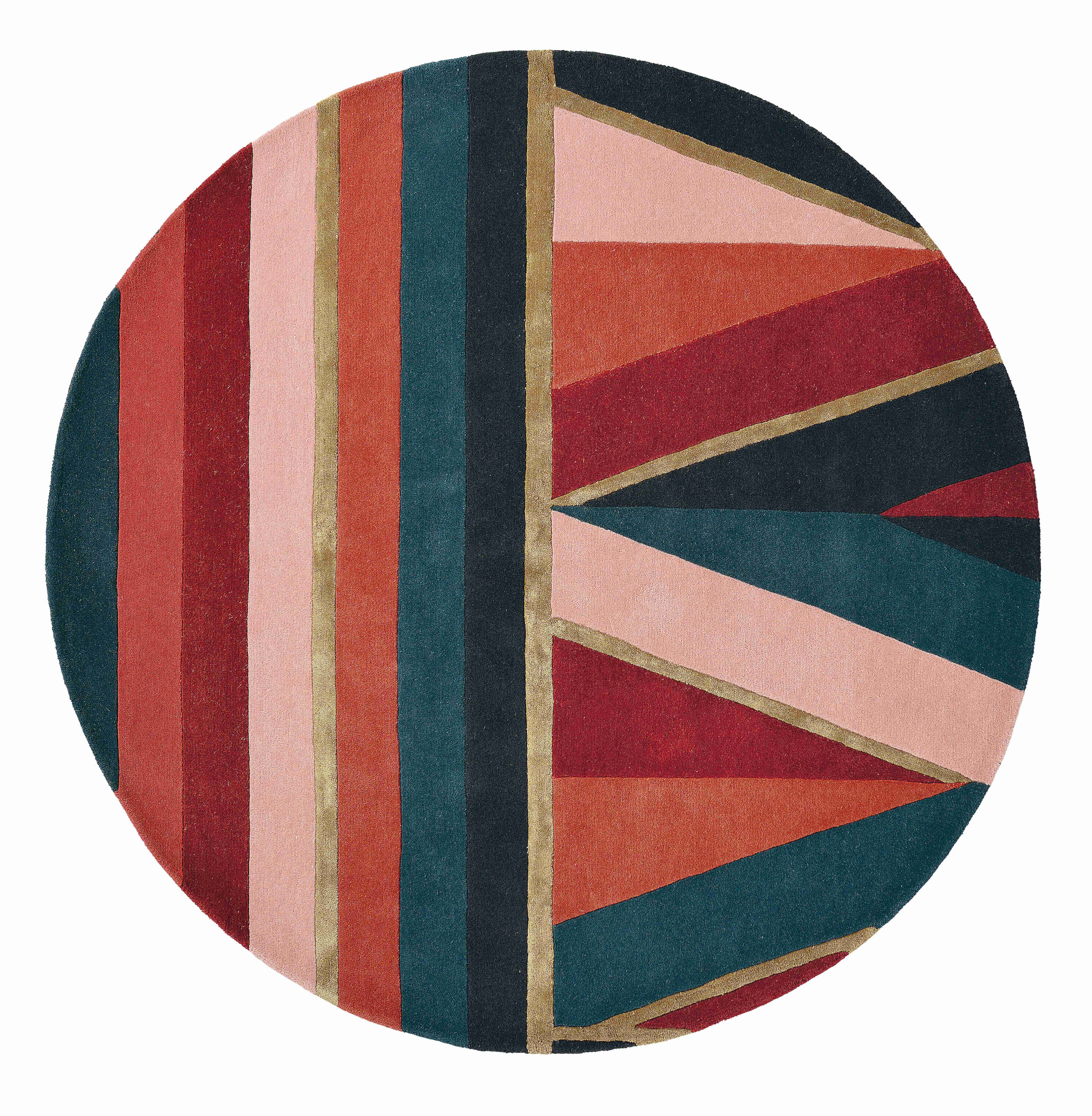 Round rug with geometric stripe pattern in green, coral, nude and red. Gold details.