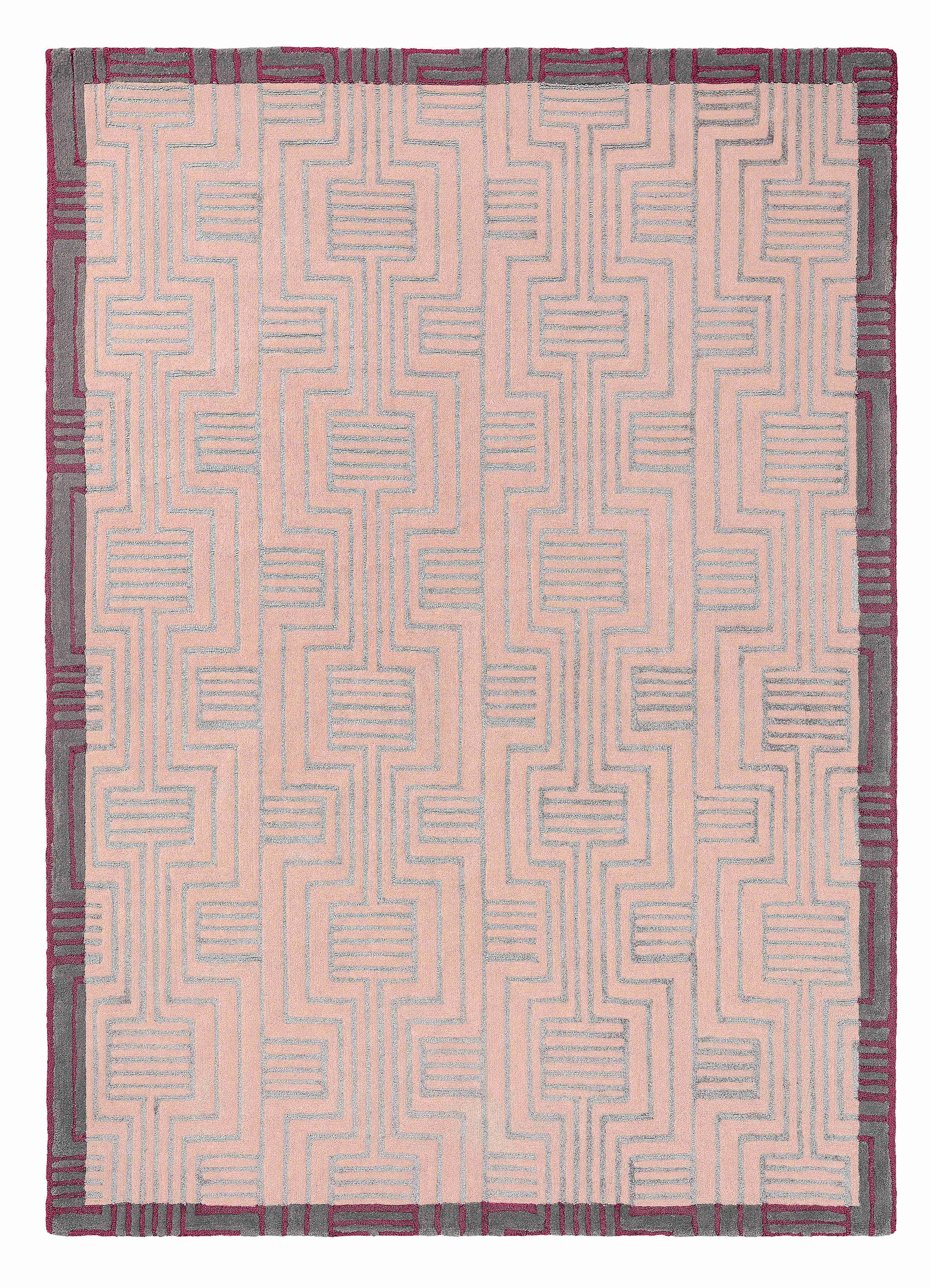 Rectangular pink rug with burgundy border and grey art deco pattern
