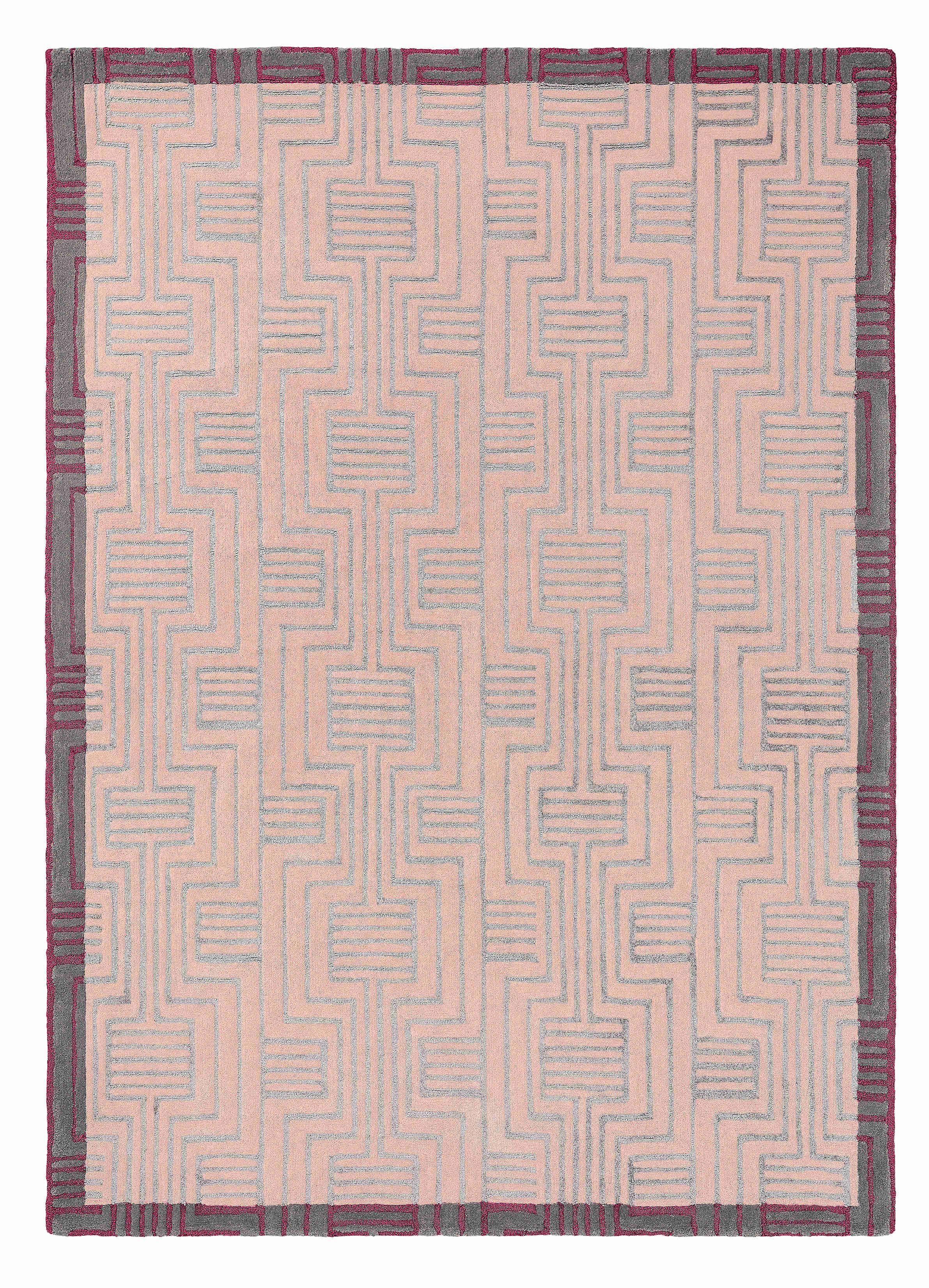 Rectangular pink rug with burgundy border and grey art deco pattern