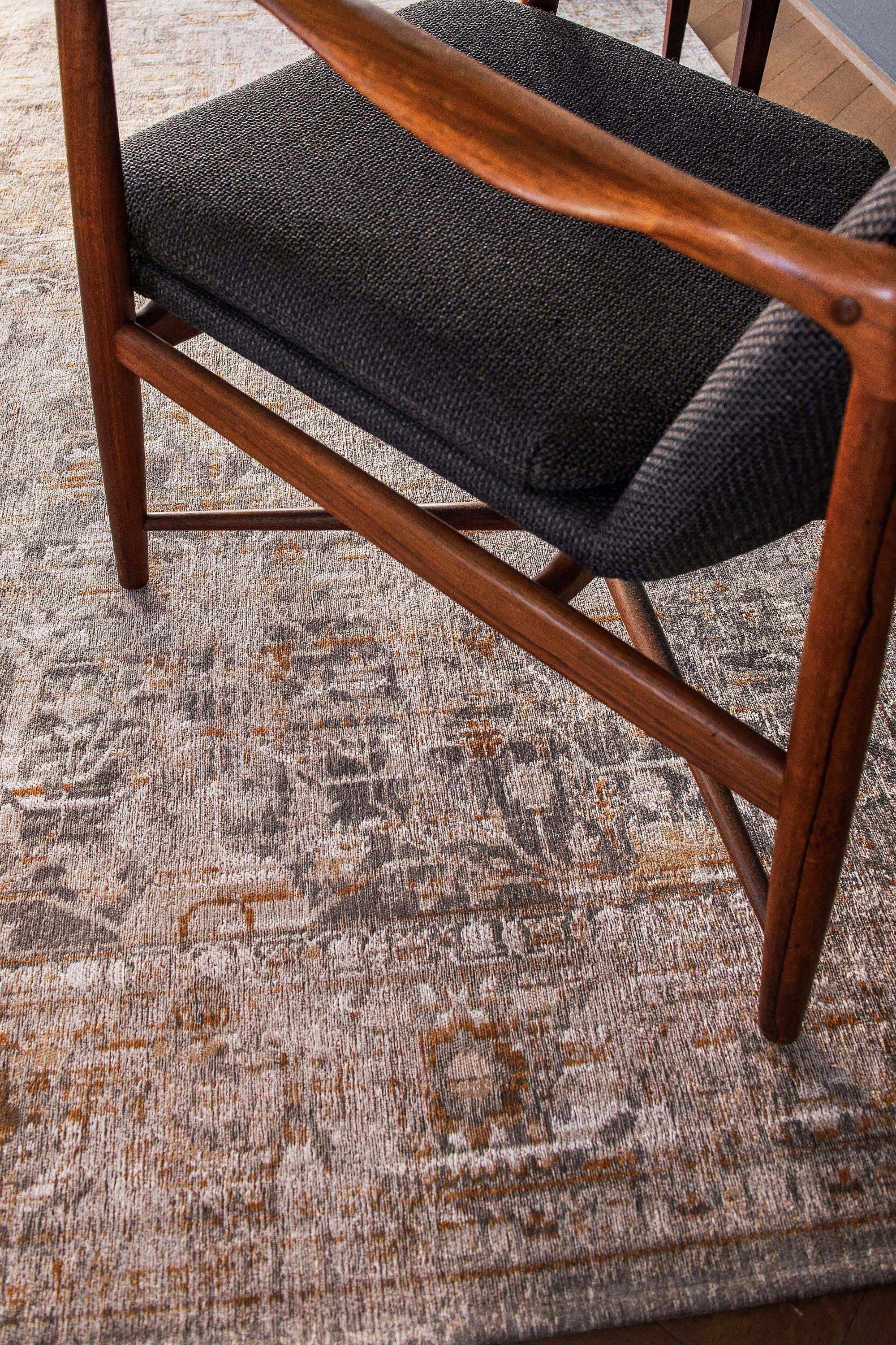 Distressed beige rug with turkish floral medallions and border in gold and grey