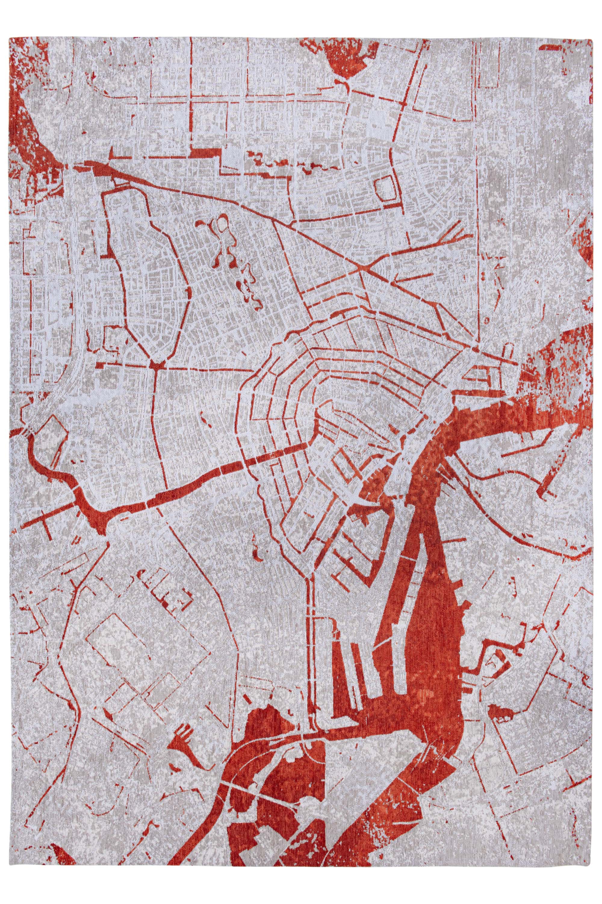 Orange and grey abstract rug with a pattern inspired by the map of Amsterdamn