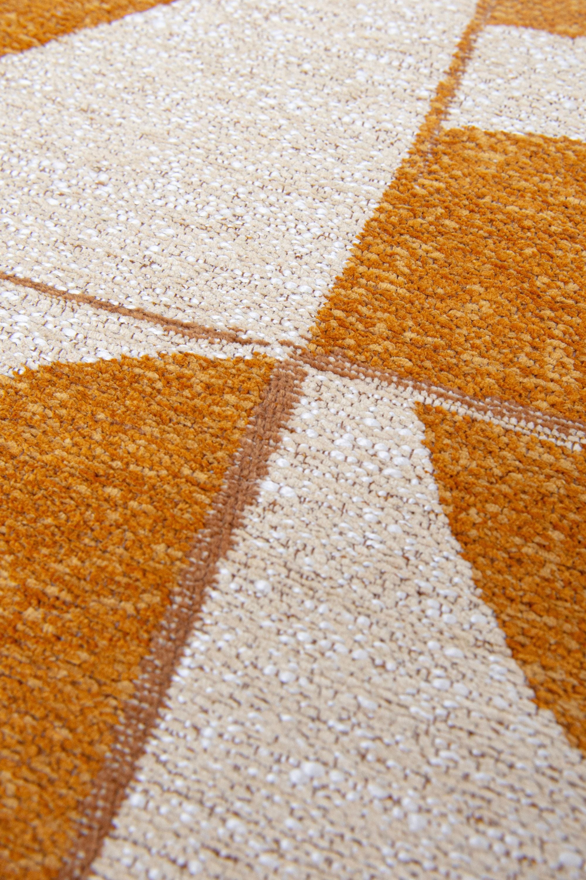 Modern abstract runner rug with yellow patchwork pattern
