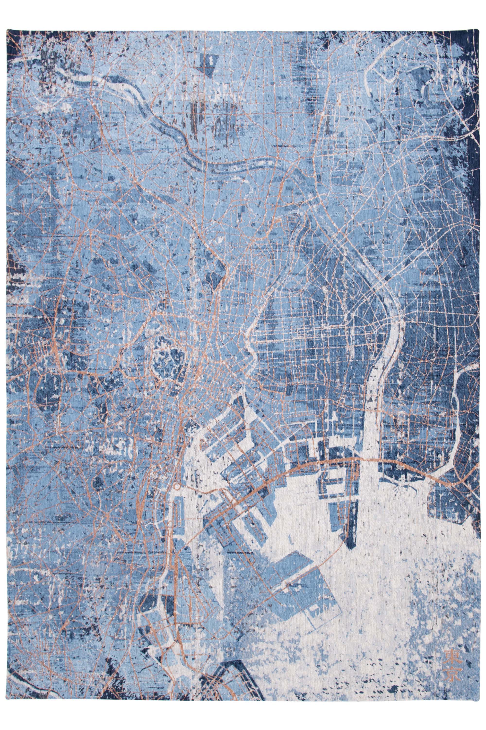Blue abstract rug with a pattern inspired by the map of Tokyo