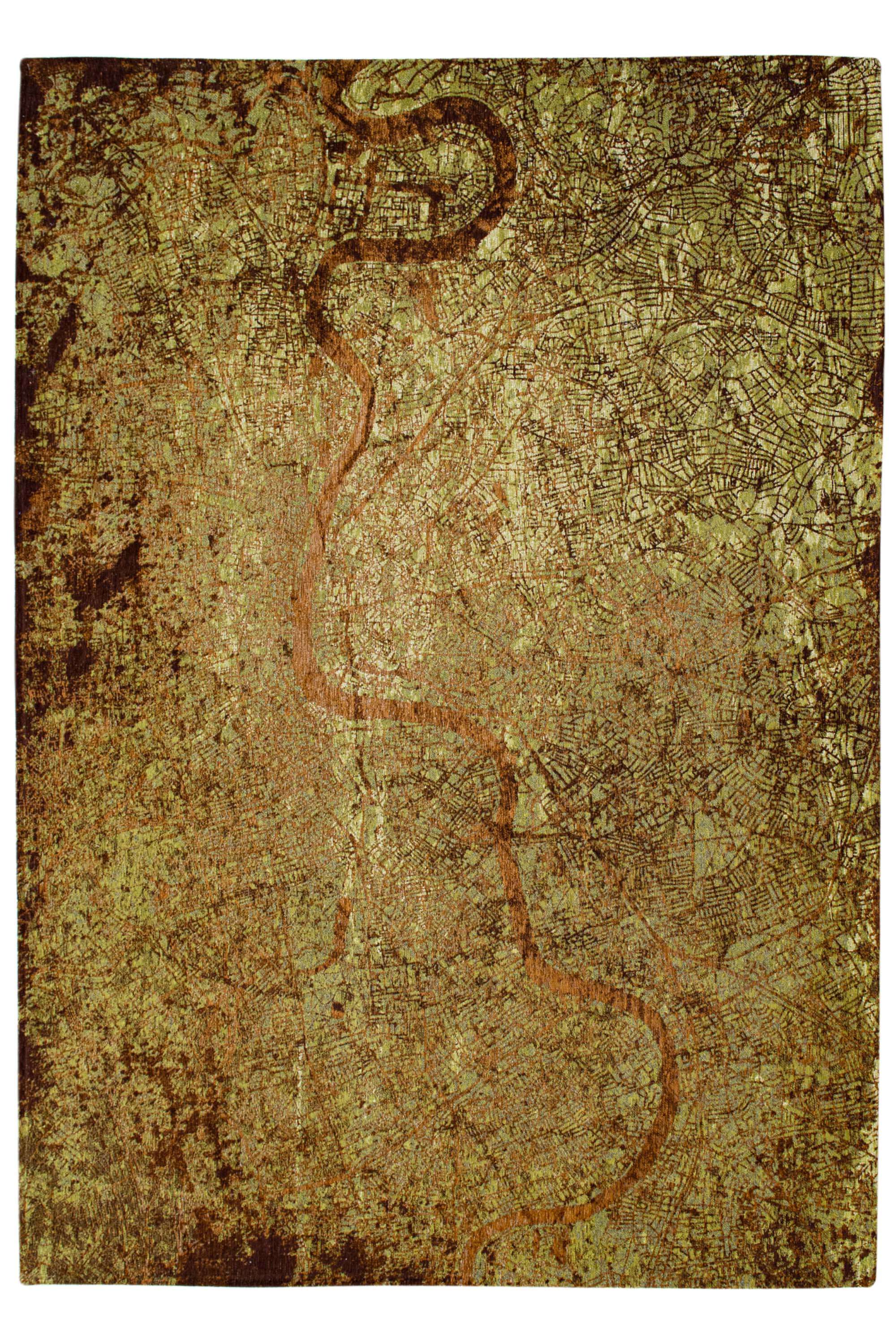 Green abstract rug with a pattern inspired by the map of London