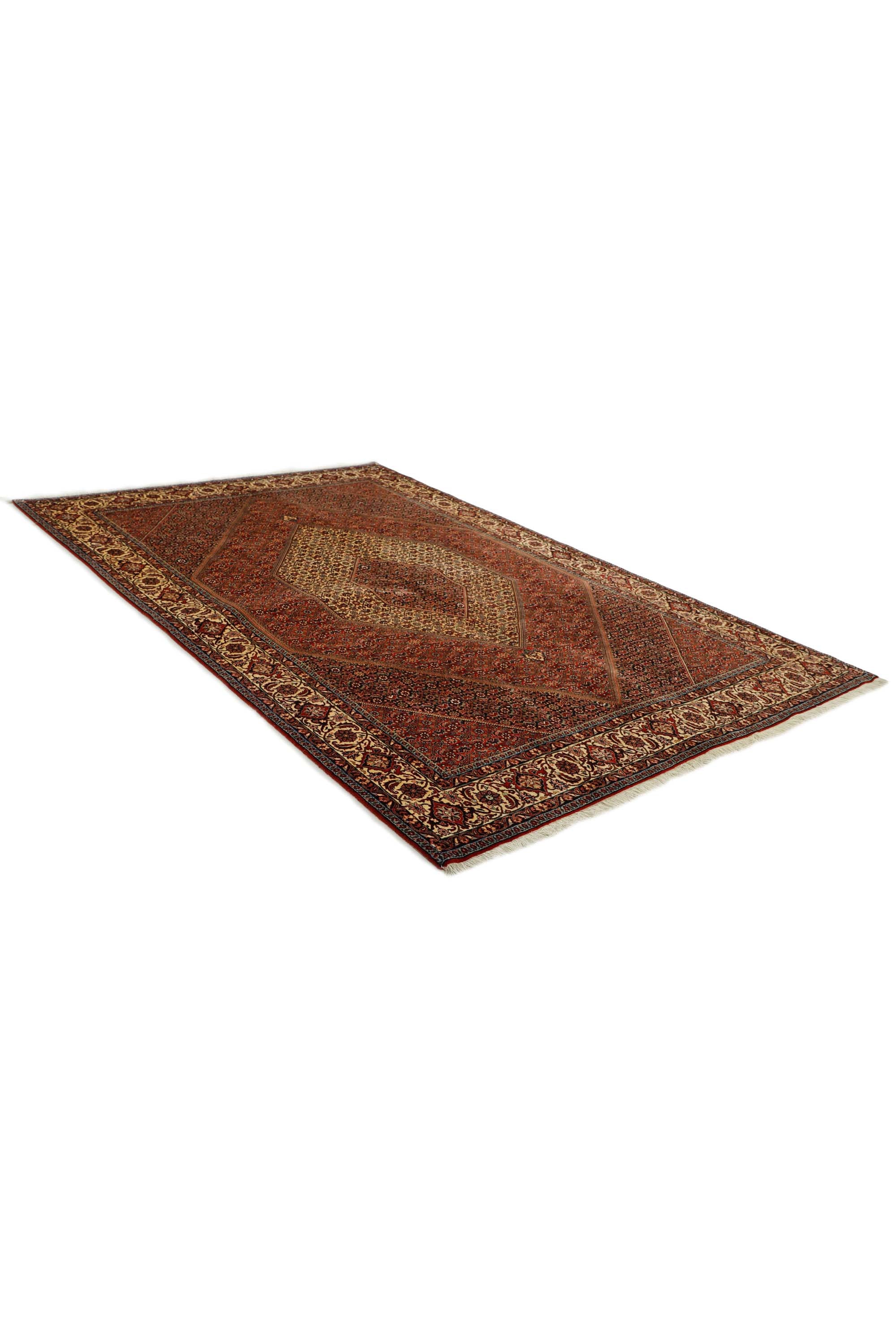 Traditional bordered Bidjar rug in red, cream, and black tones