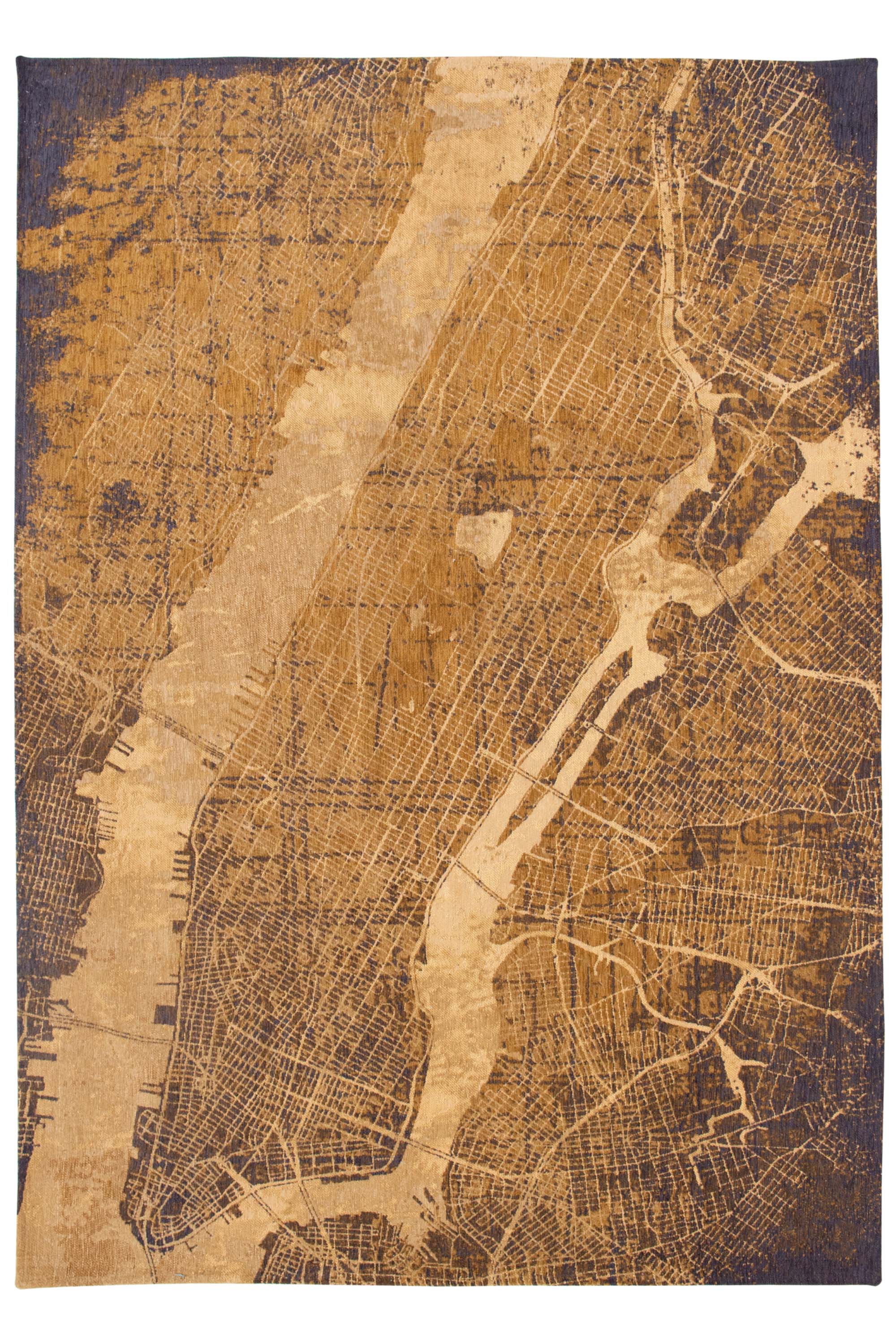 Gold abstract rug with a pattern inspired by the map of New York