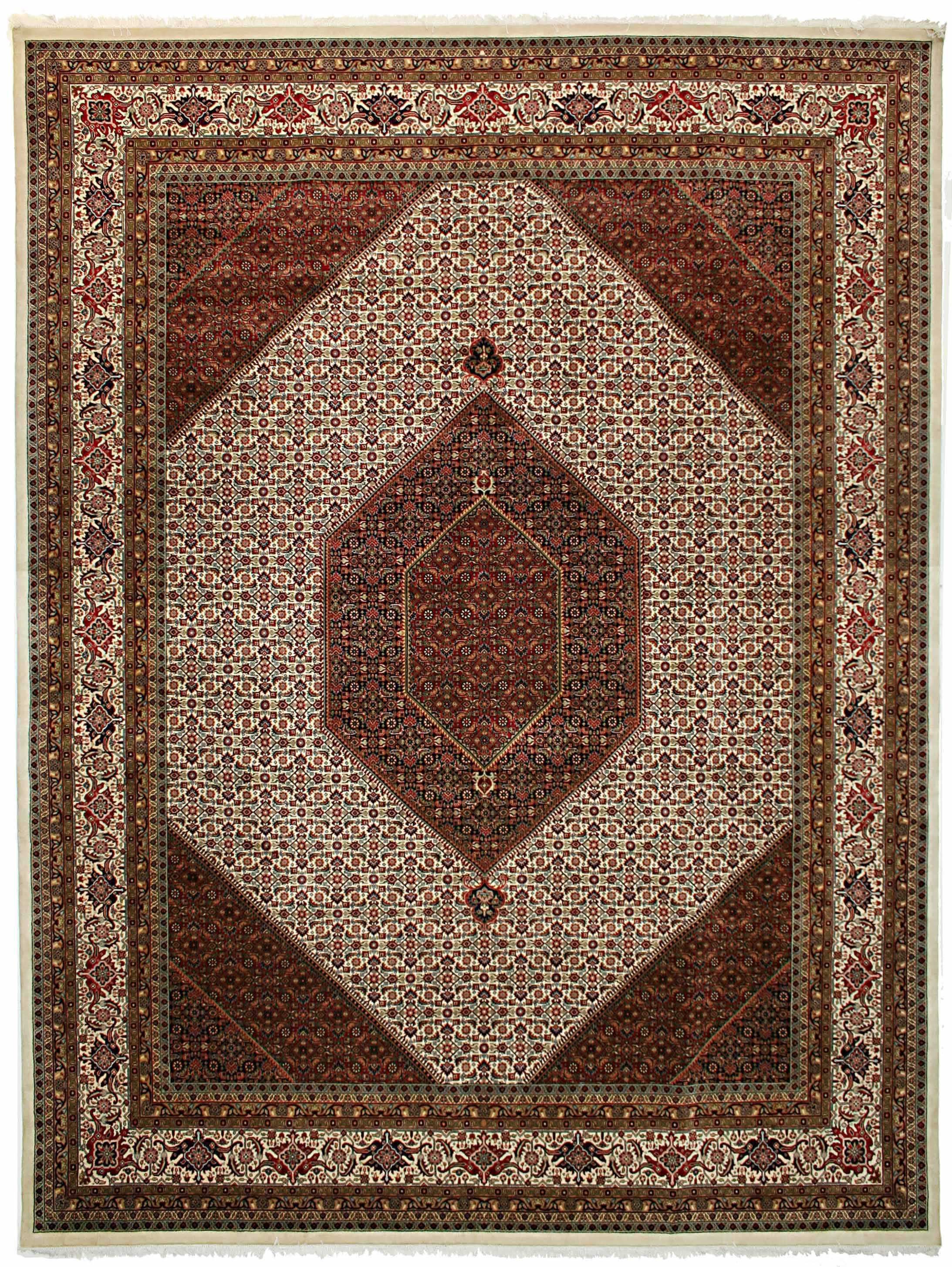 Authentic Oriental rug with traditional geometric and floral design in red, grey, black and beige.