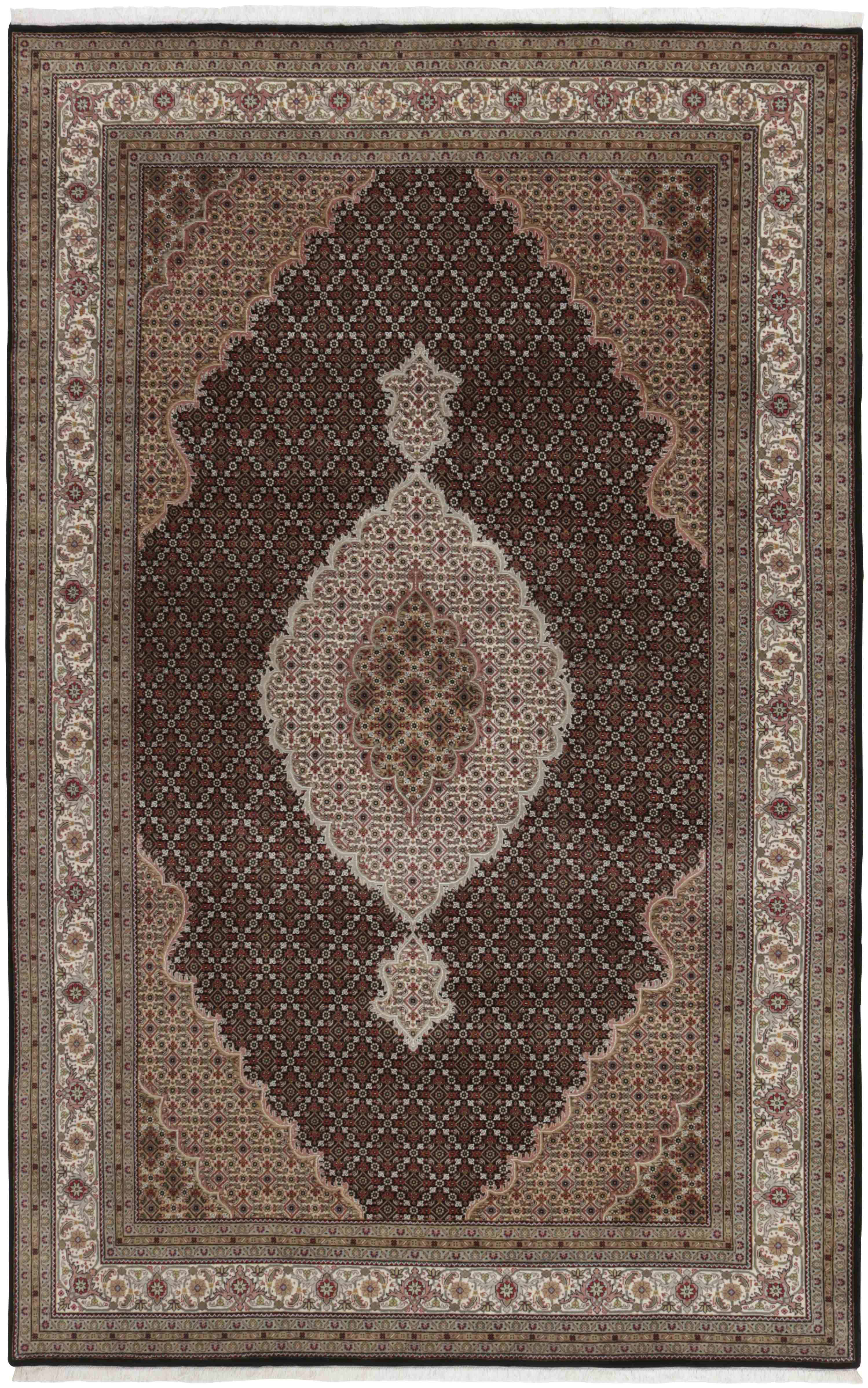 Authentic Oriental rug with traditional geometric and floral design in red, grey, black and beige.