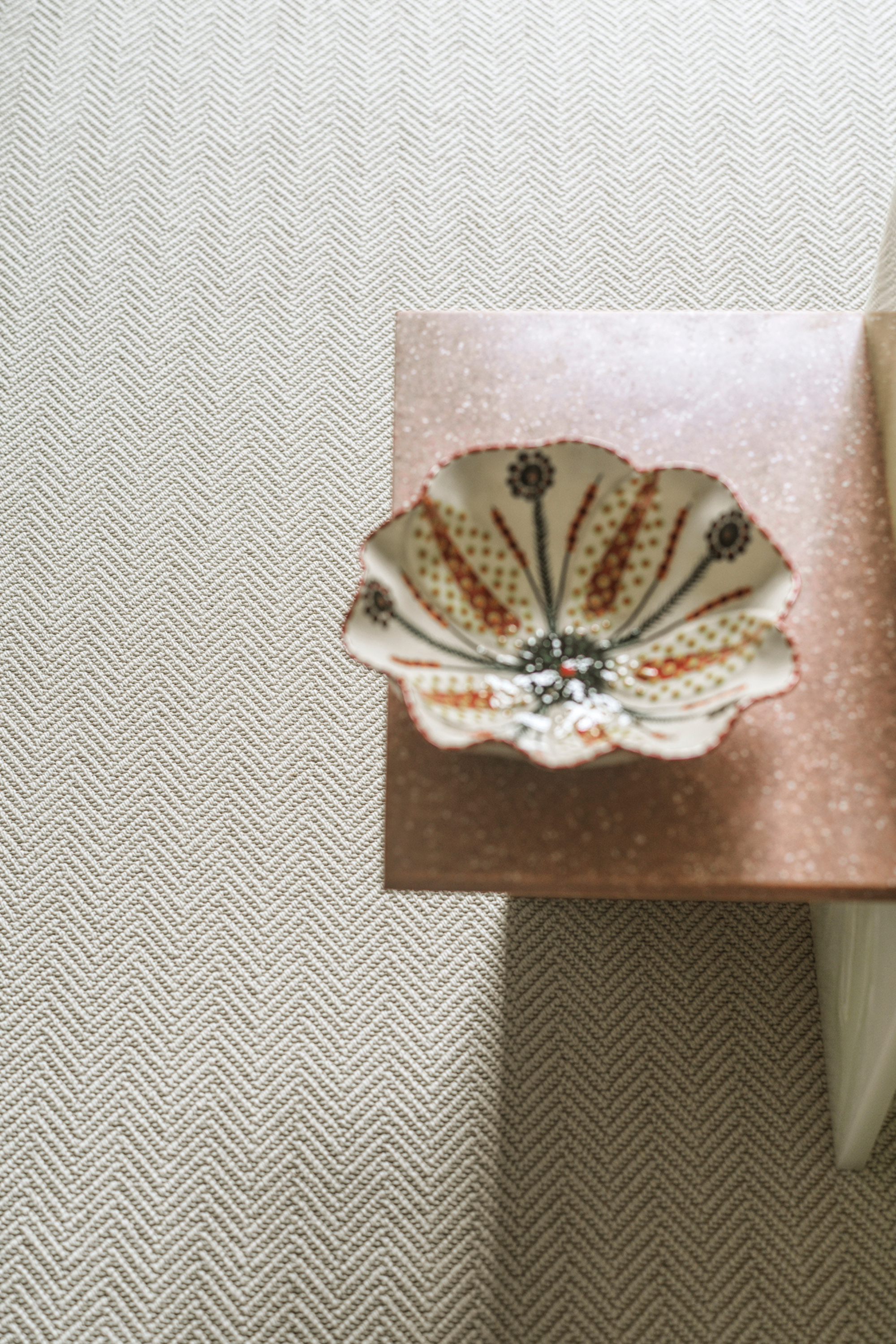 Custom Alpine Birch Wool Rug with Antique Leather Border in Pearl