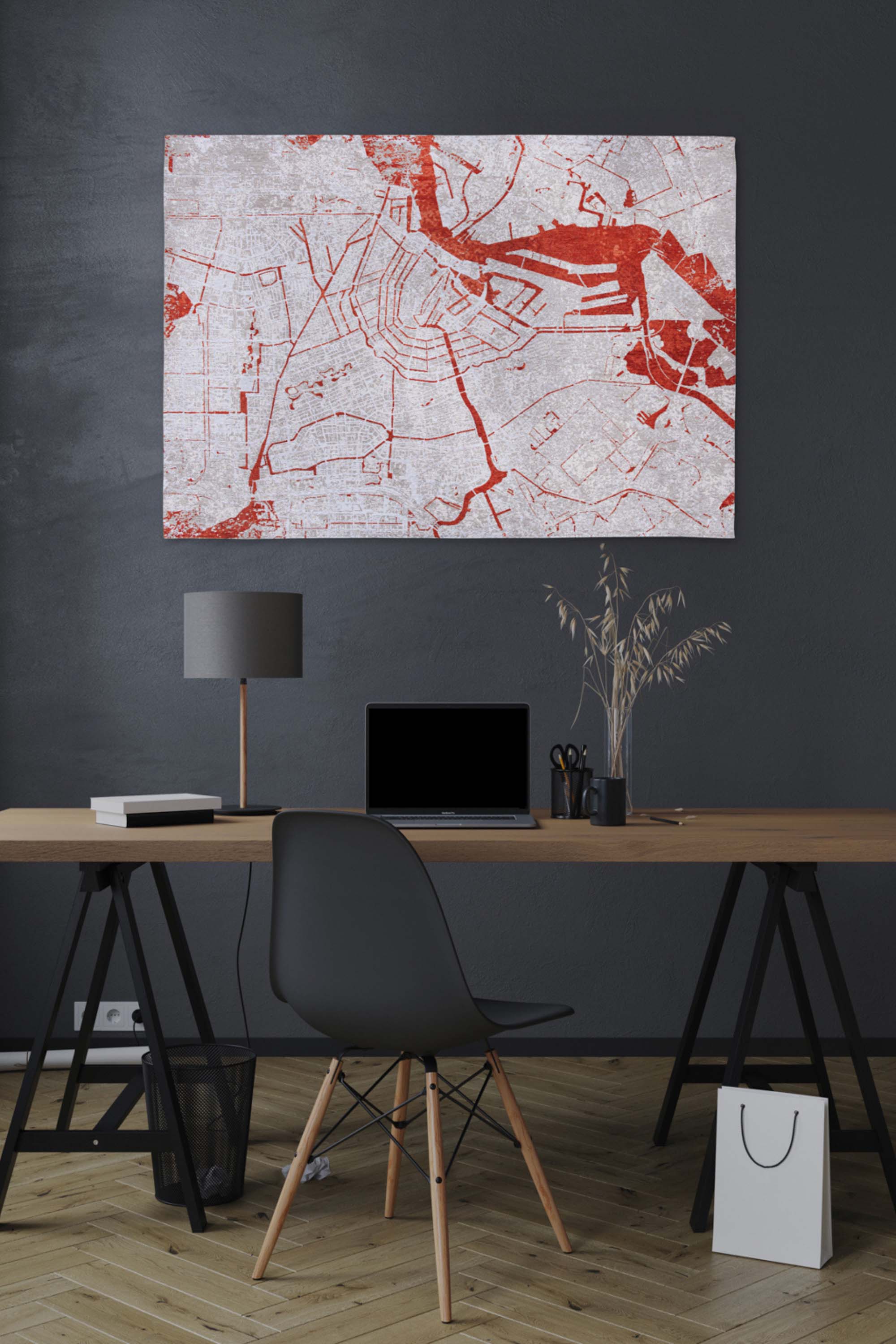 Orange and grey abstract rug with a pattern inspired by the map of Amsterdamn