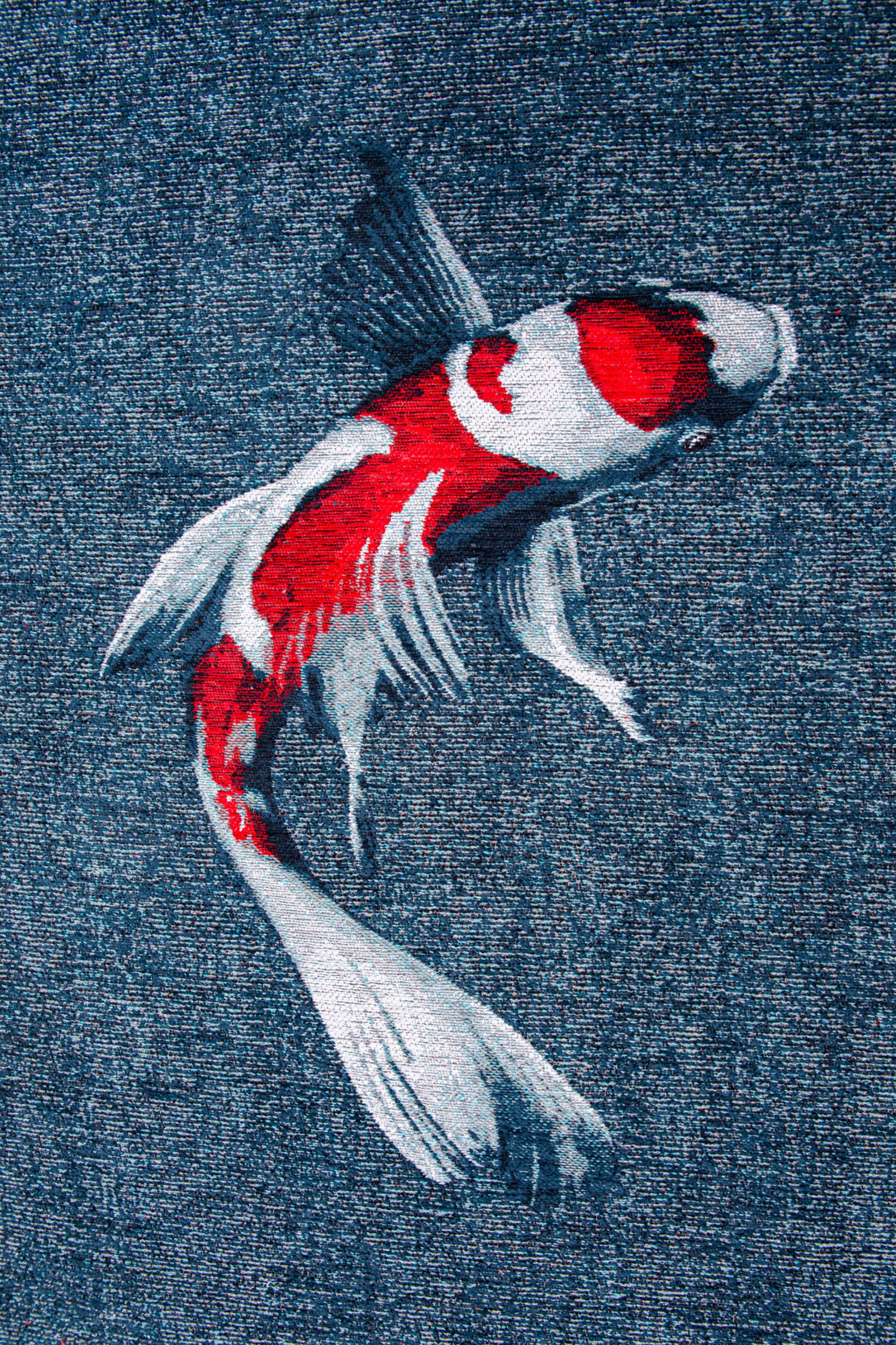 Modern navy rug with detailed koi fish print