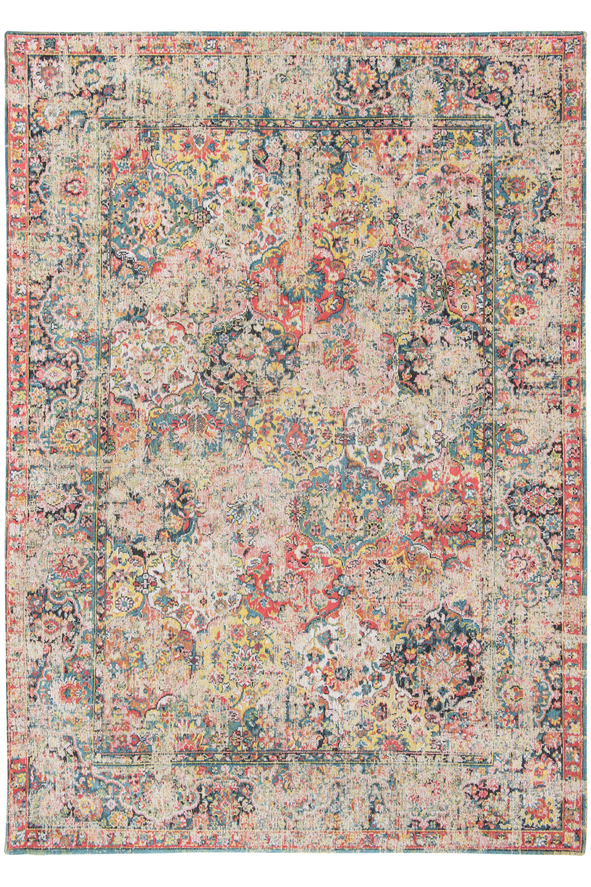 Flatweave rug with faded persian design in blue, red and yellow