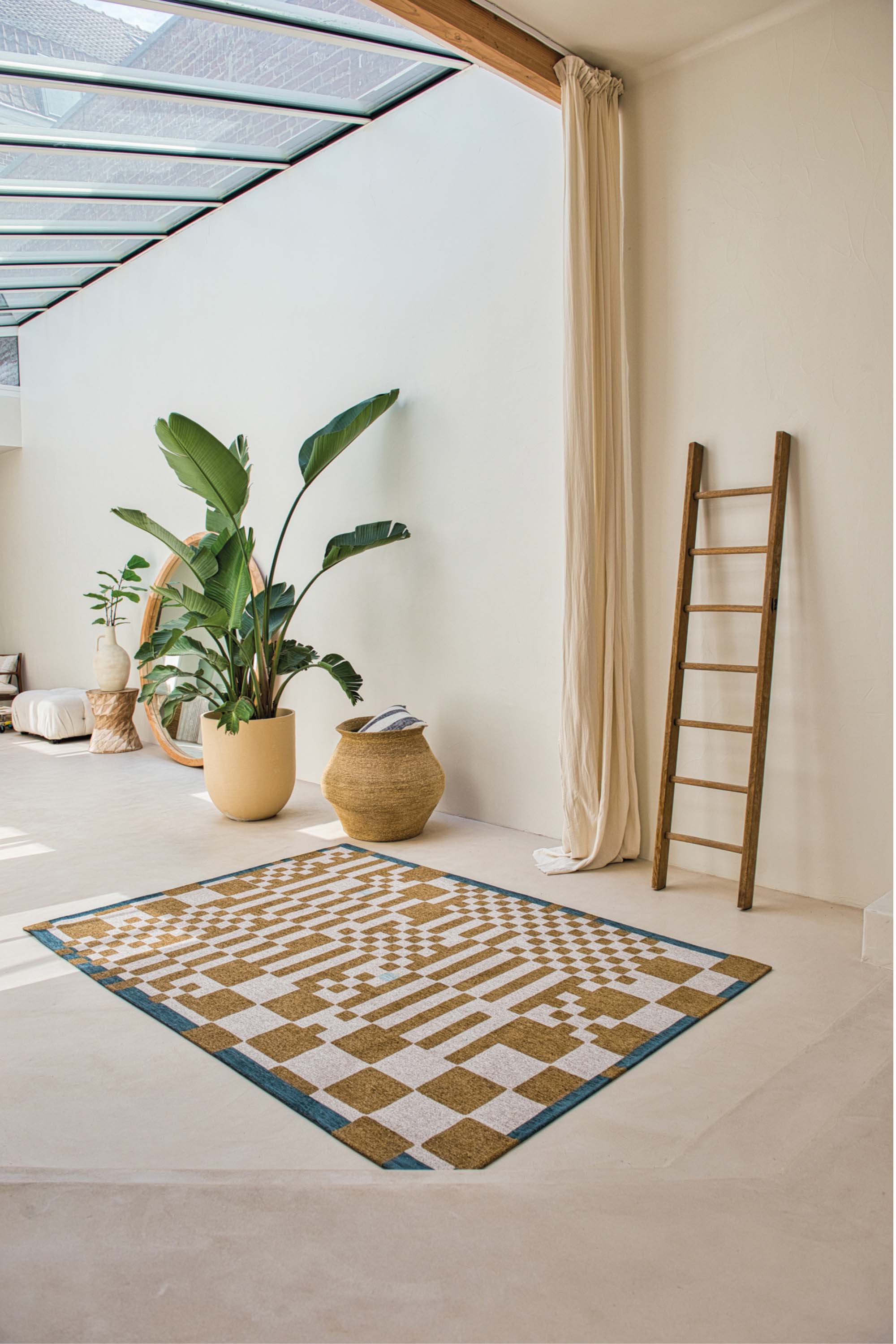 Abstract geometric rug with yellow, green, and white tones