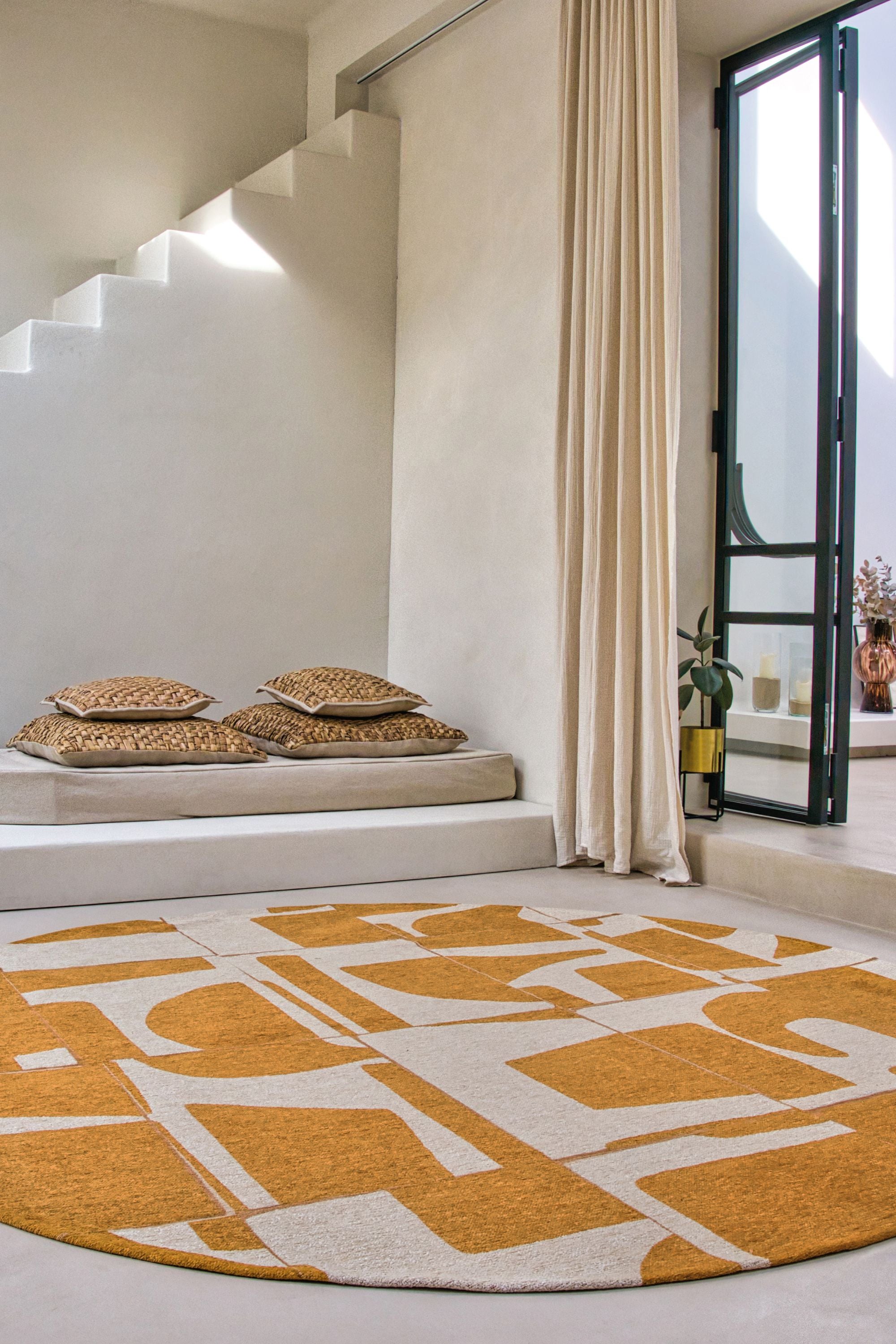 Modern abstract circle rug with yellow patchwork pattern