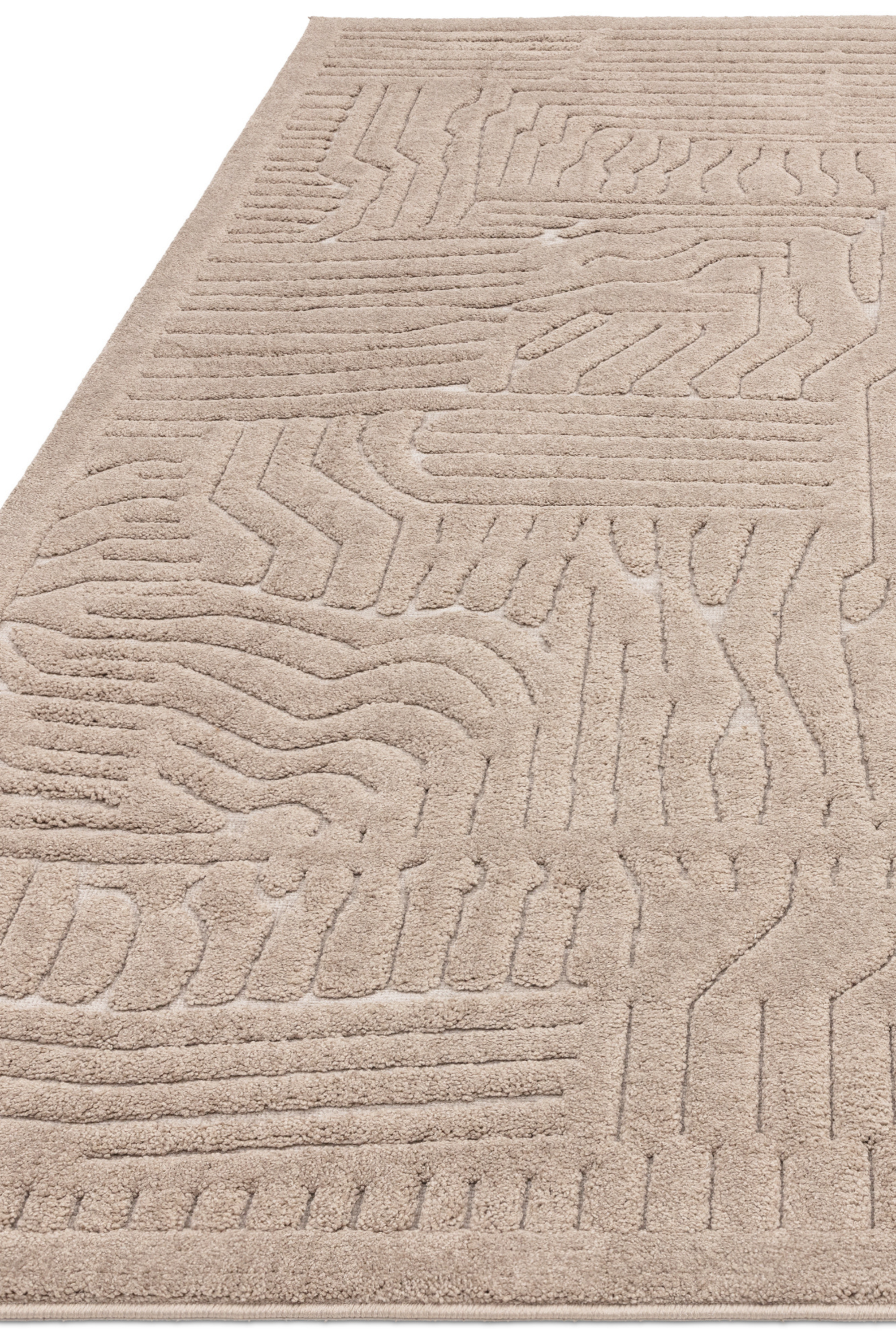 Beige rug with high-low pile and minimal geometric pattern