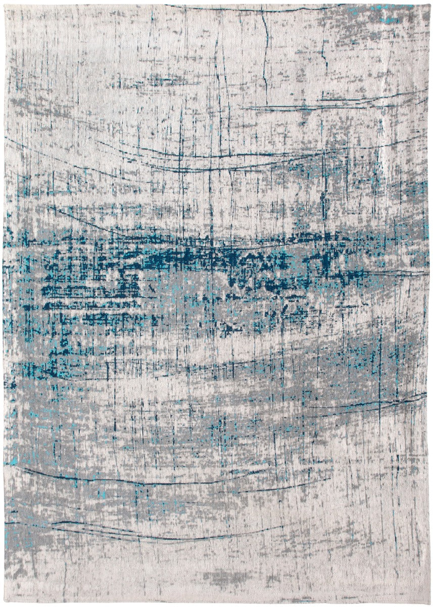 White flatweave rug with grey and blue abstract pattern