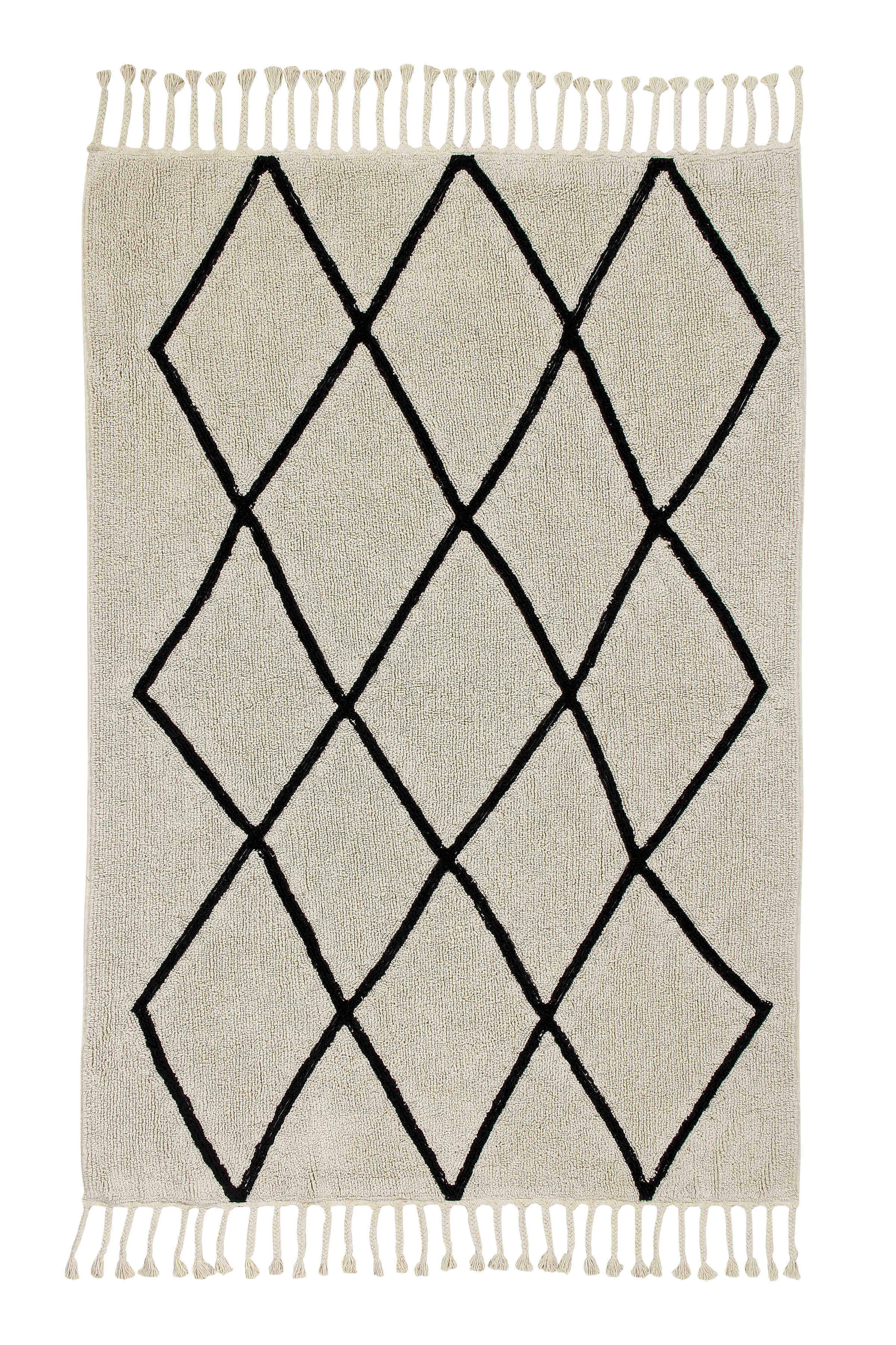 Rectangular beige cotton rug decorated with a black geometric tribal design and braided border