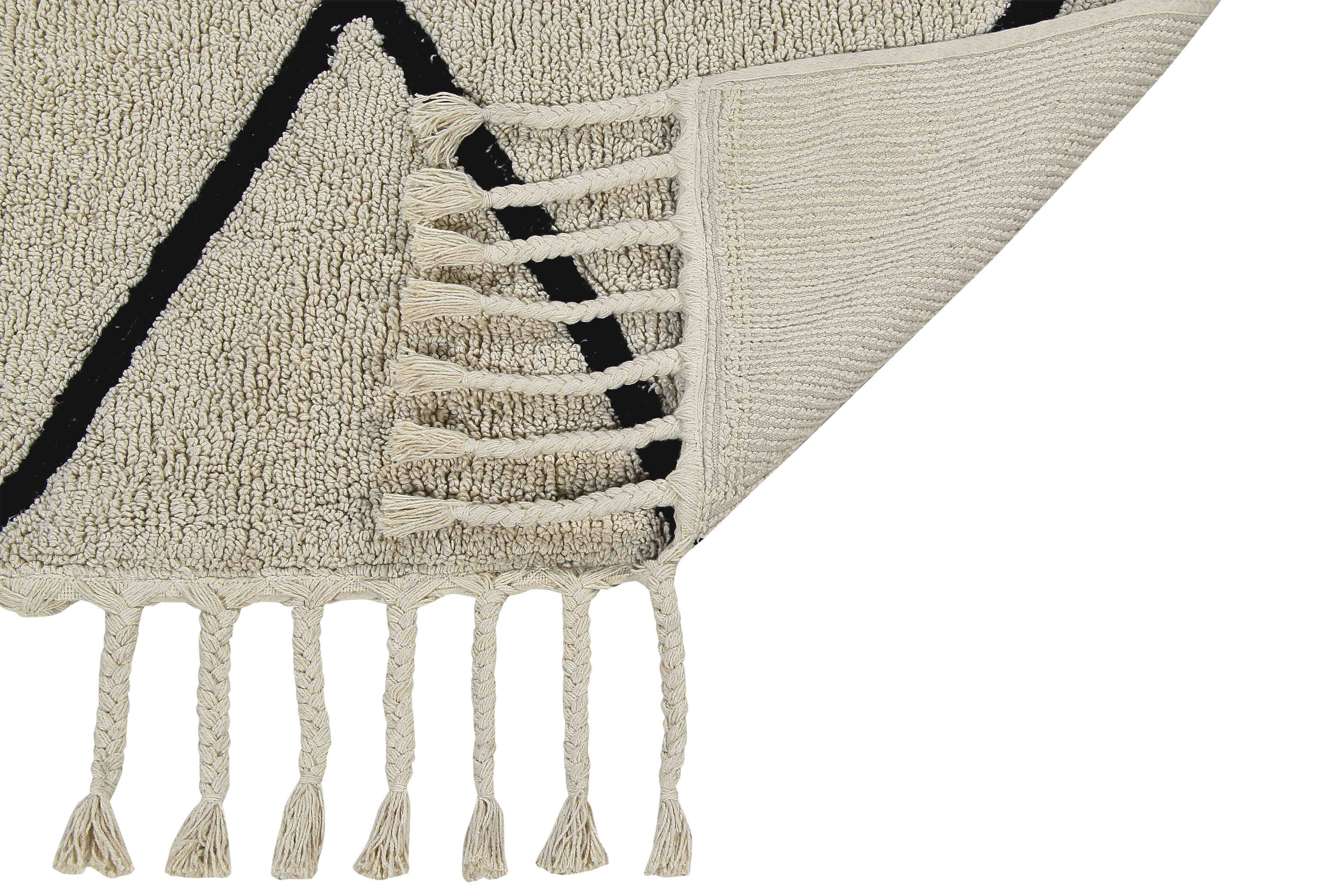 Rectangular beige cotton rug decorated with a black geometric tribal design and braided border