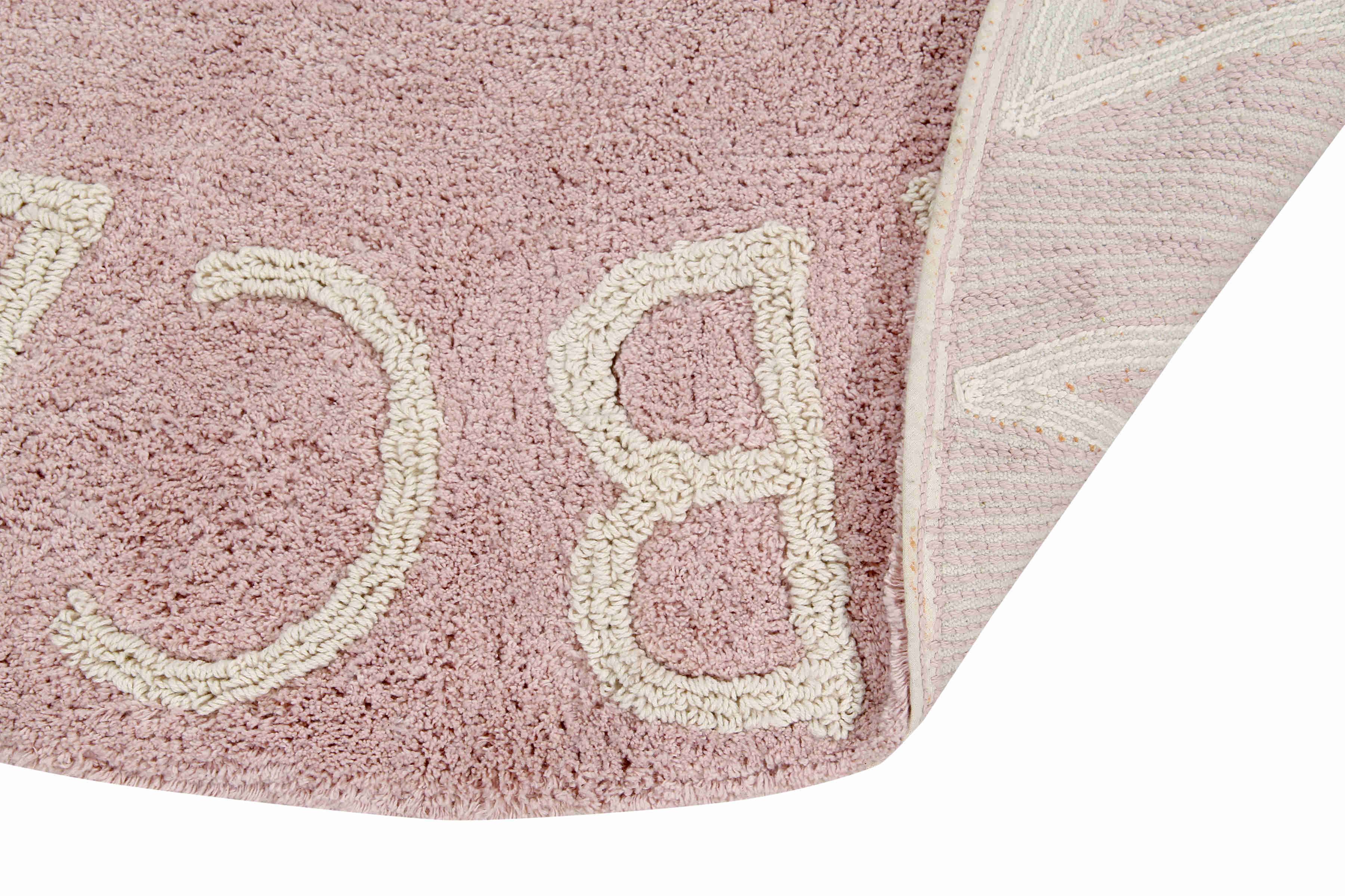 Circular pink cotton rug decorated with a natural beige alphabet border