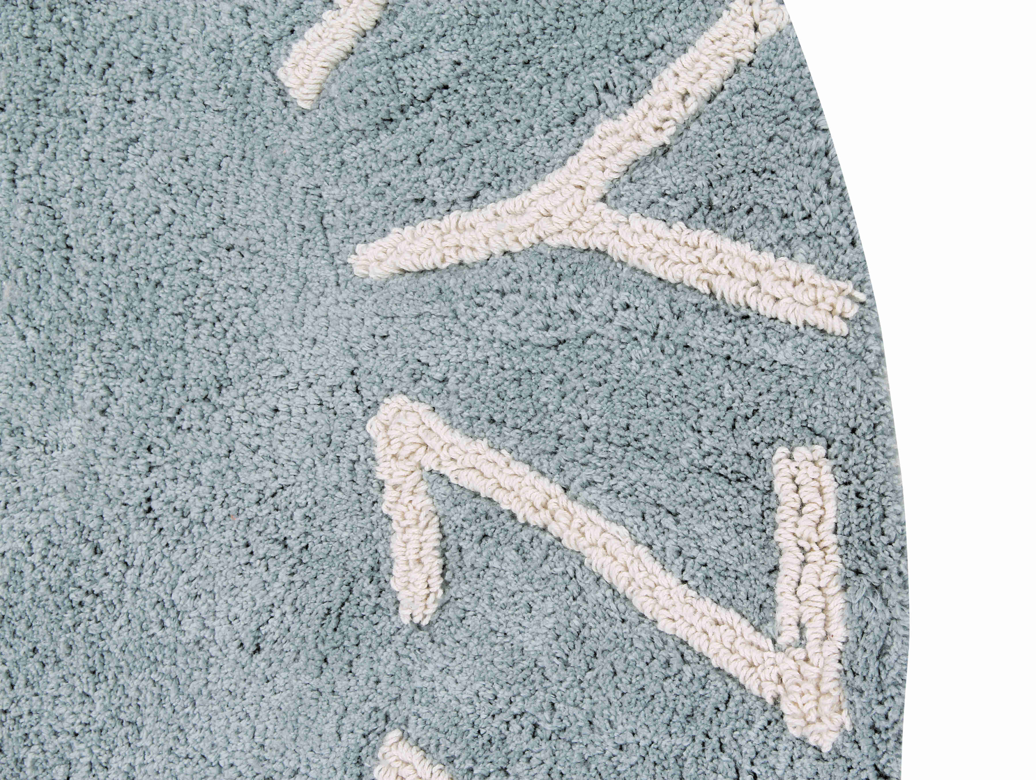 Circular blue cotton rug decorated with a natural beige alphabet border