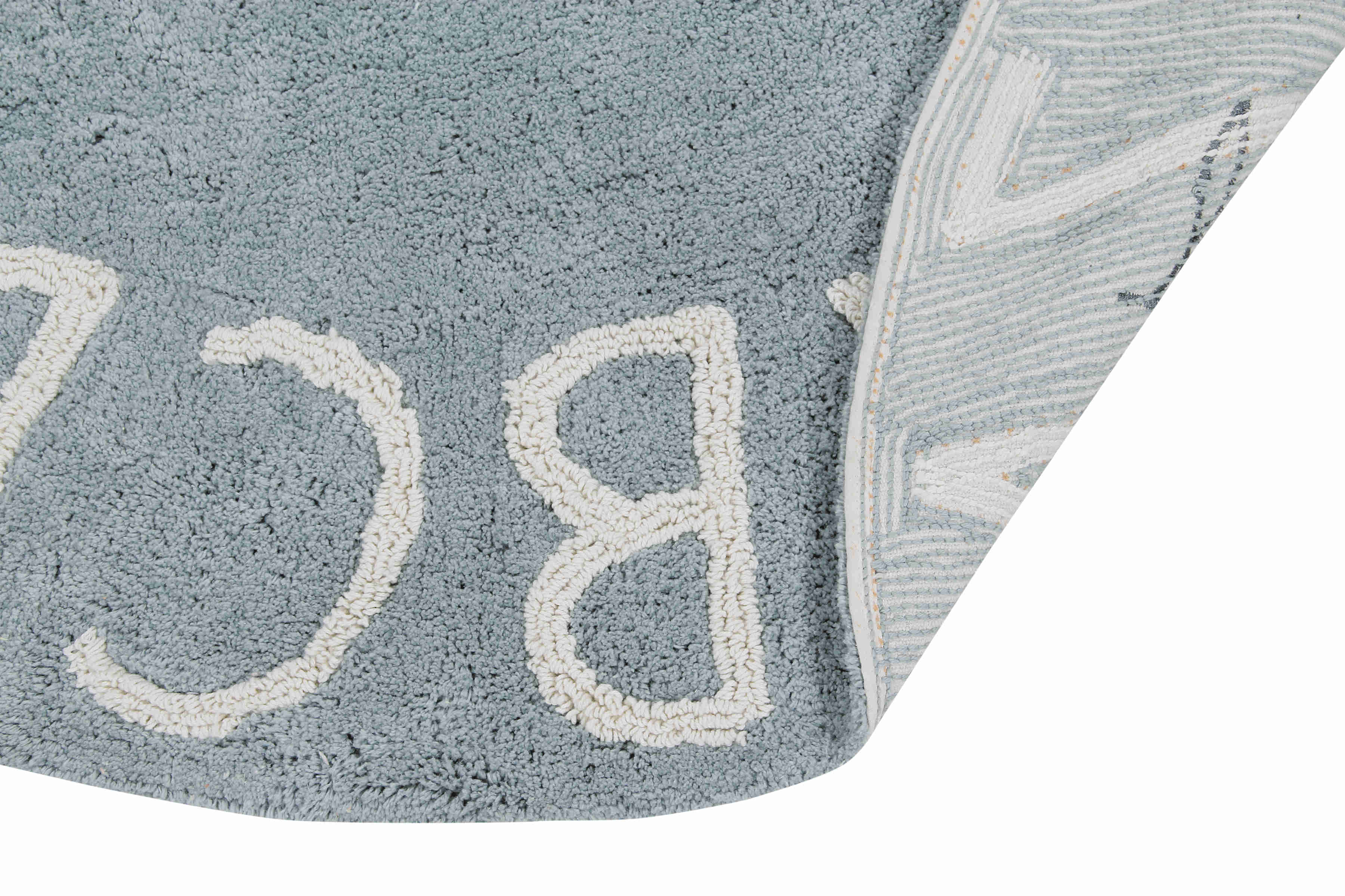 Circular blue cotton rug decorated with a natural beige alphabet border