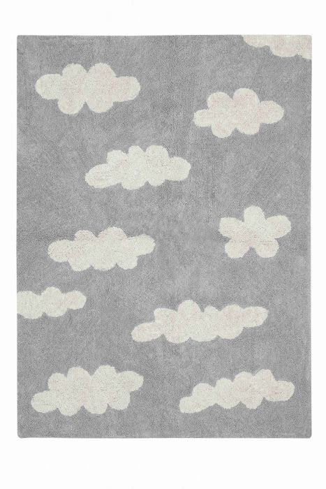 Rectangular grey cotton rug with white cloud design