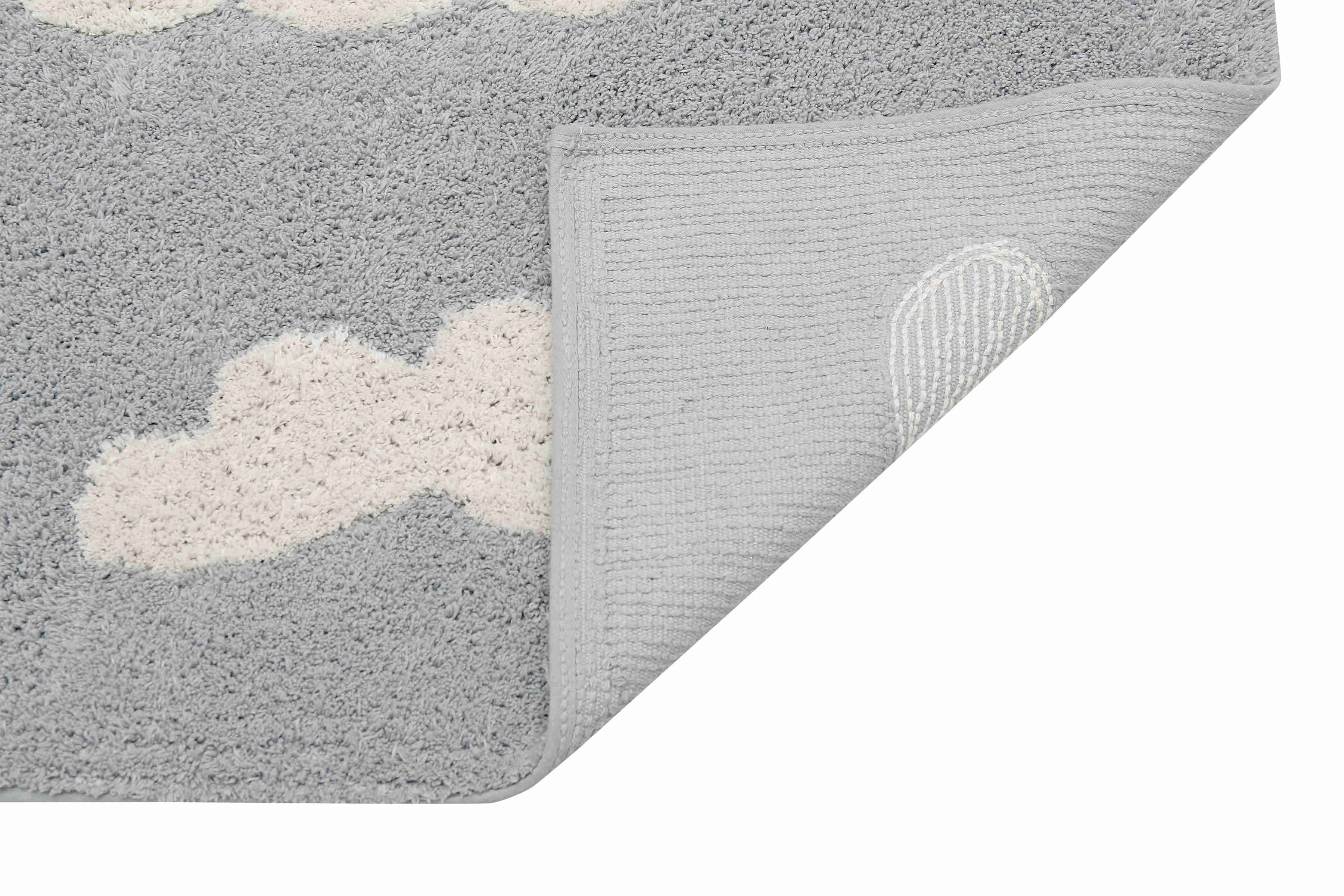 Rectangular grey cotton rug with white cloud design
