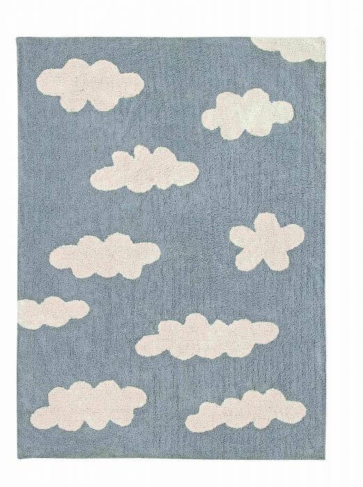Rectangular blue cotton rug with white cloud design