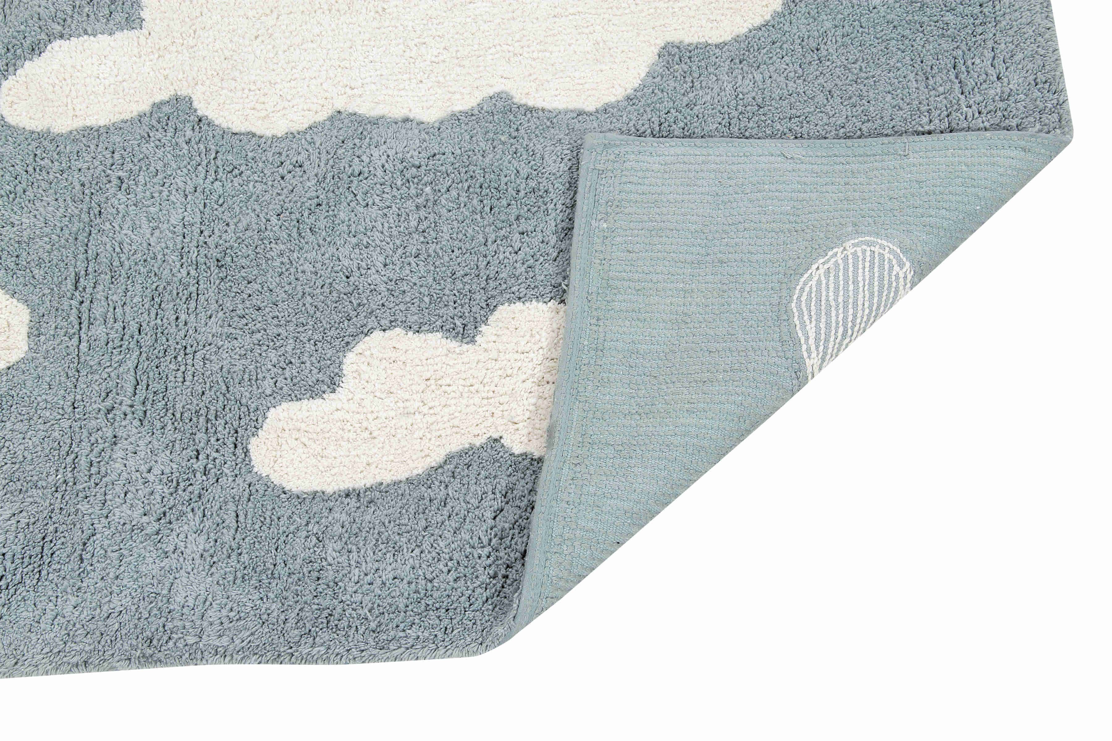 Rectangular blue cotton rug with white cloud design