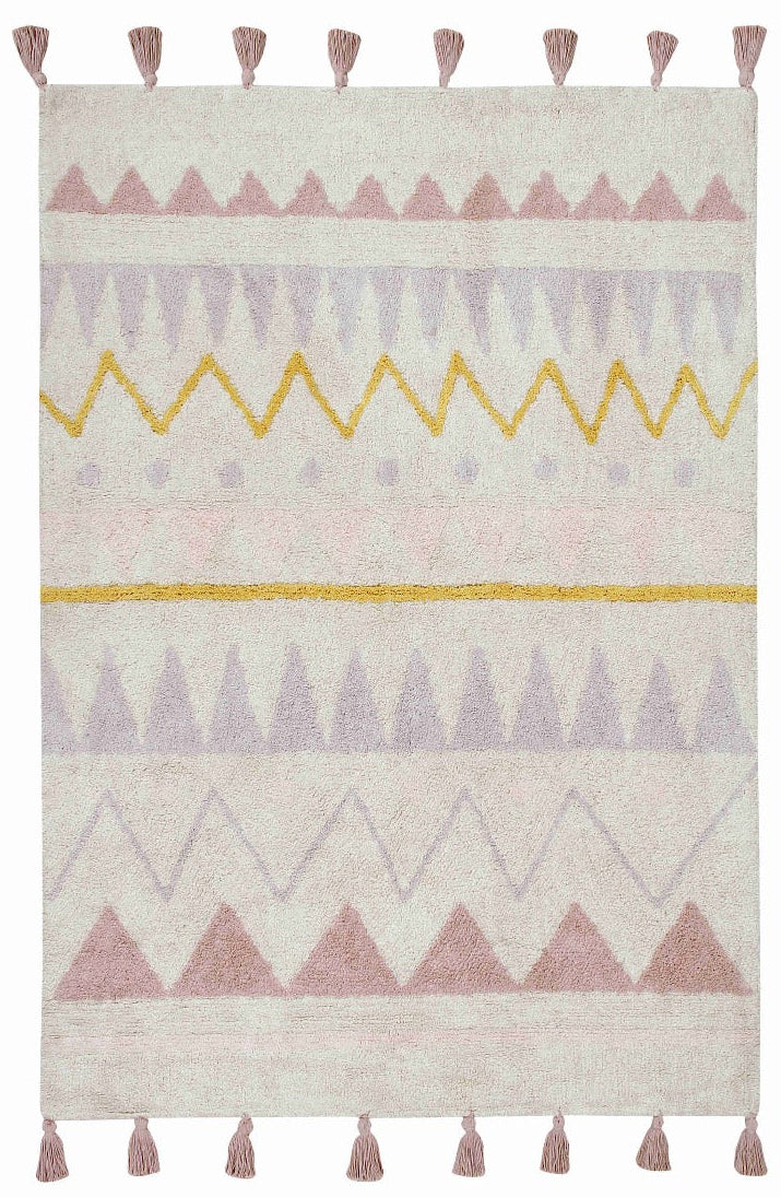 Rectangular natural beige rug with pink, yellow and grey aztec pattern and pink tassel border
