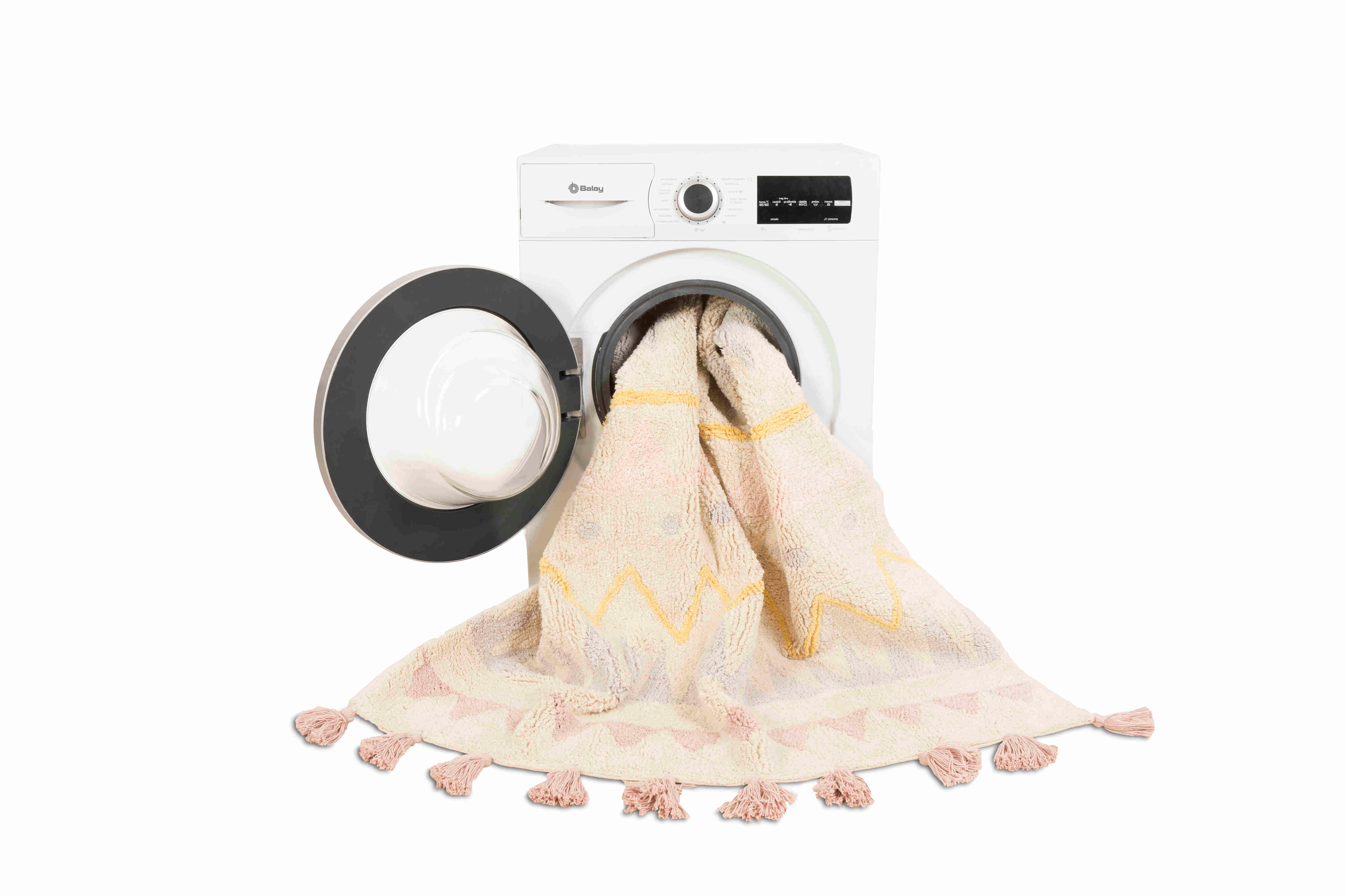 yellow and grey aztec pattern and pink tassel border