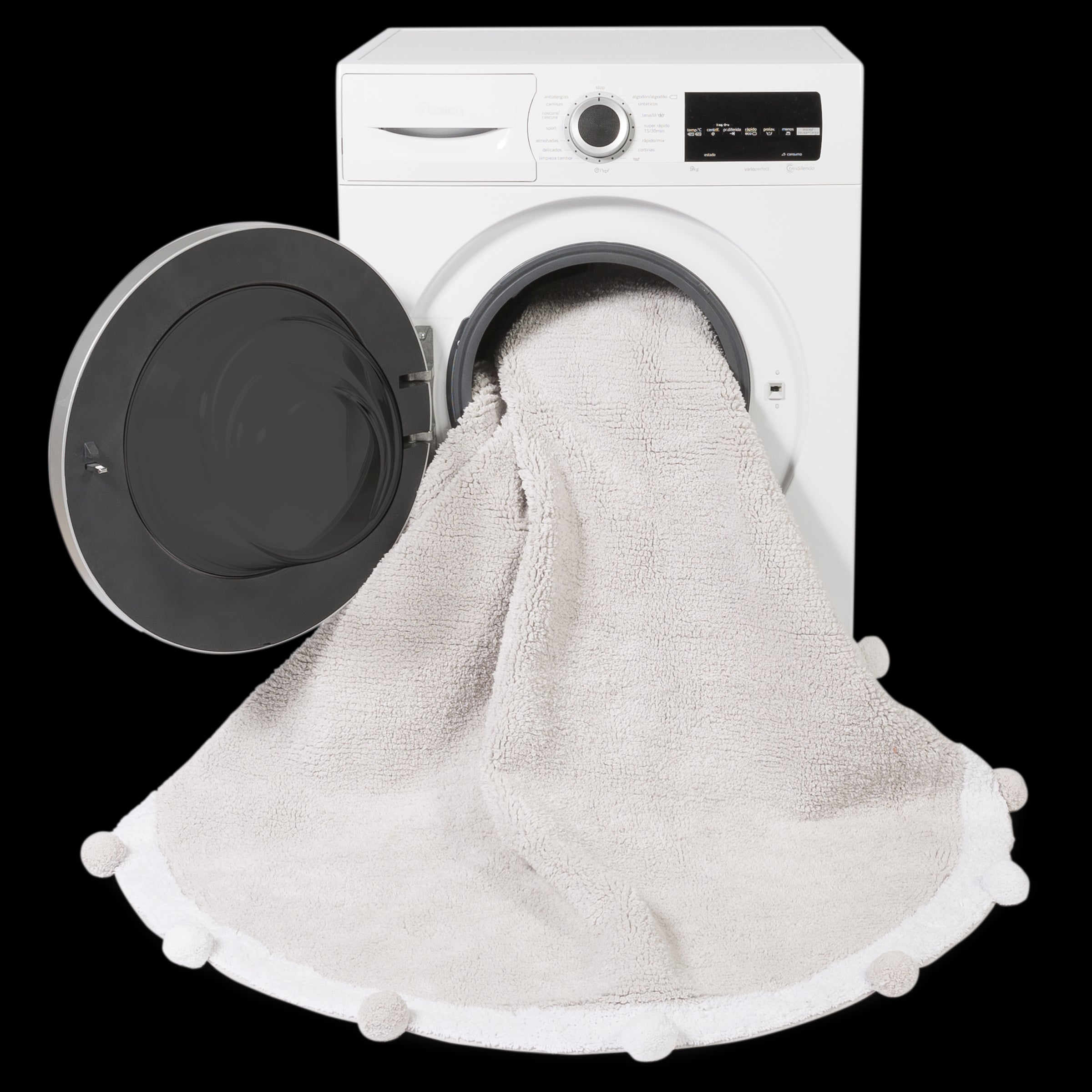 Circular grey pom pom rug with grey and white pom pom border