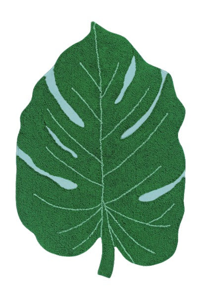 A large green leaf-shaped rug