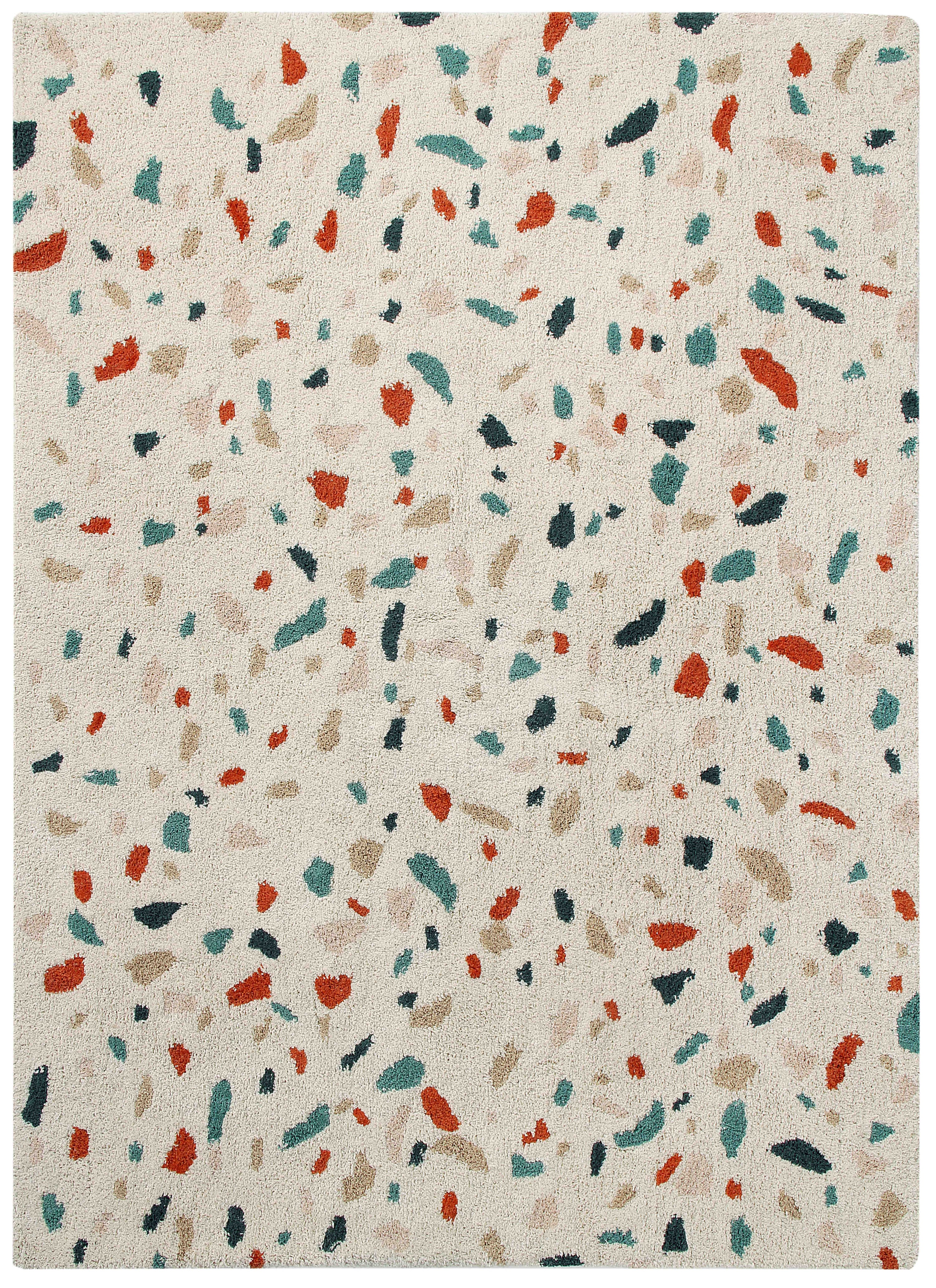An ivory white abstract cotton rug decorated with flecks of beige, blue, terracotta red and grey