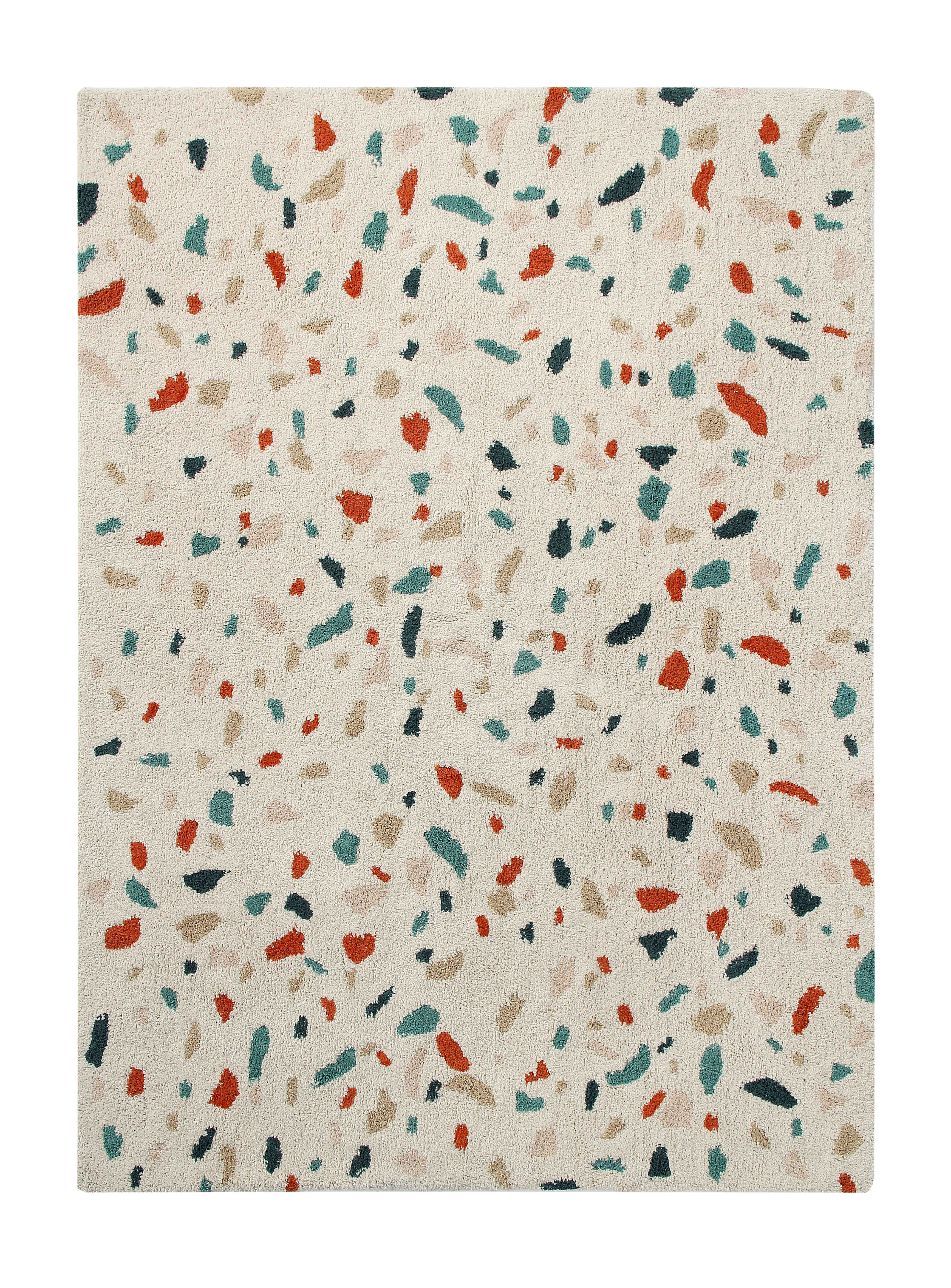 An ivory white abstract cotton rug decorated with flecks of beige, blue, terracotta red and grey
