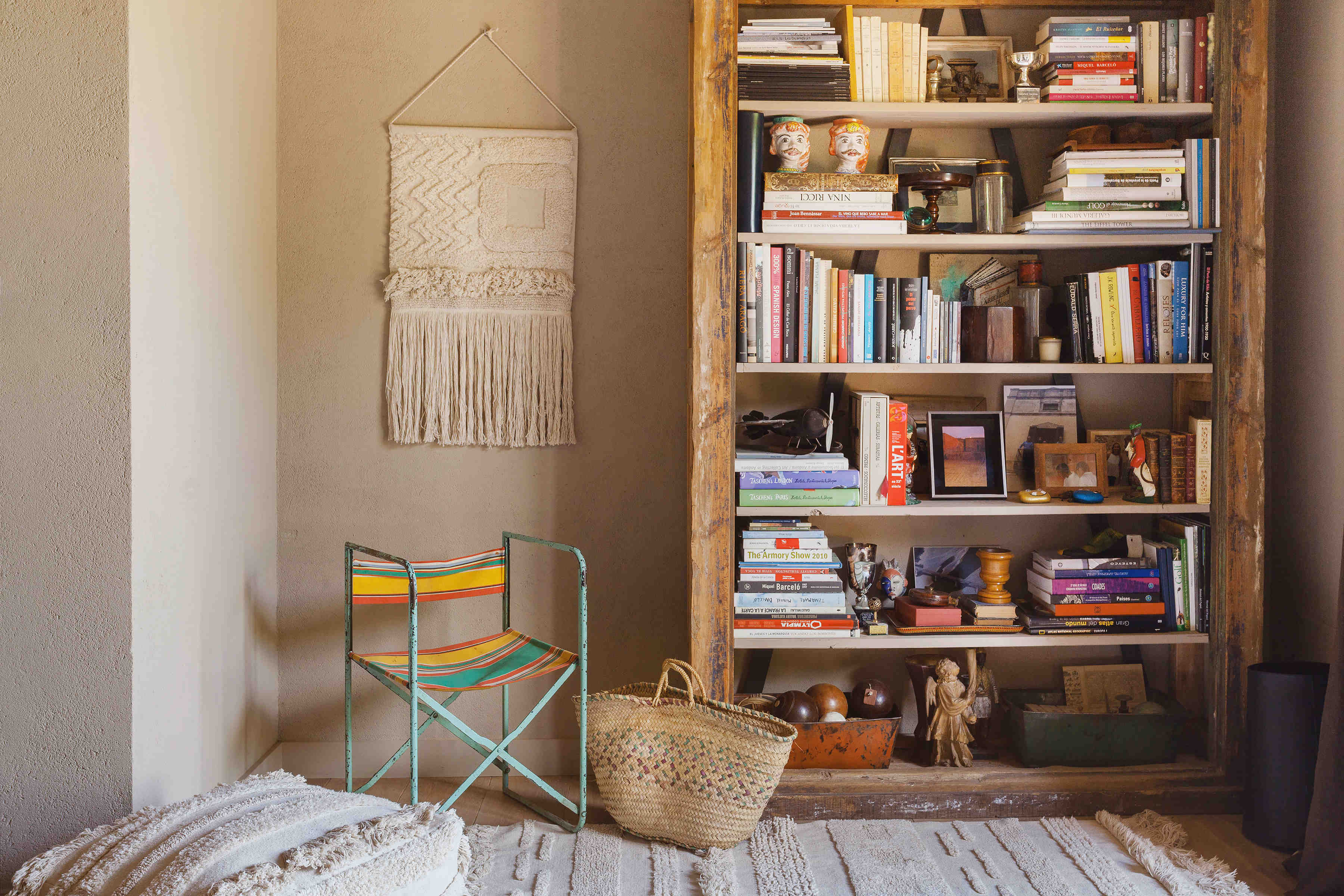 Rectangular natural beige rug decorated with a raised textured stripe pattern