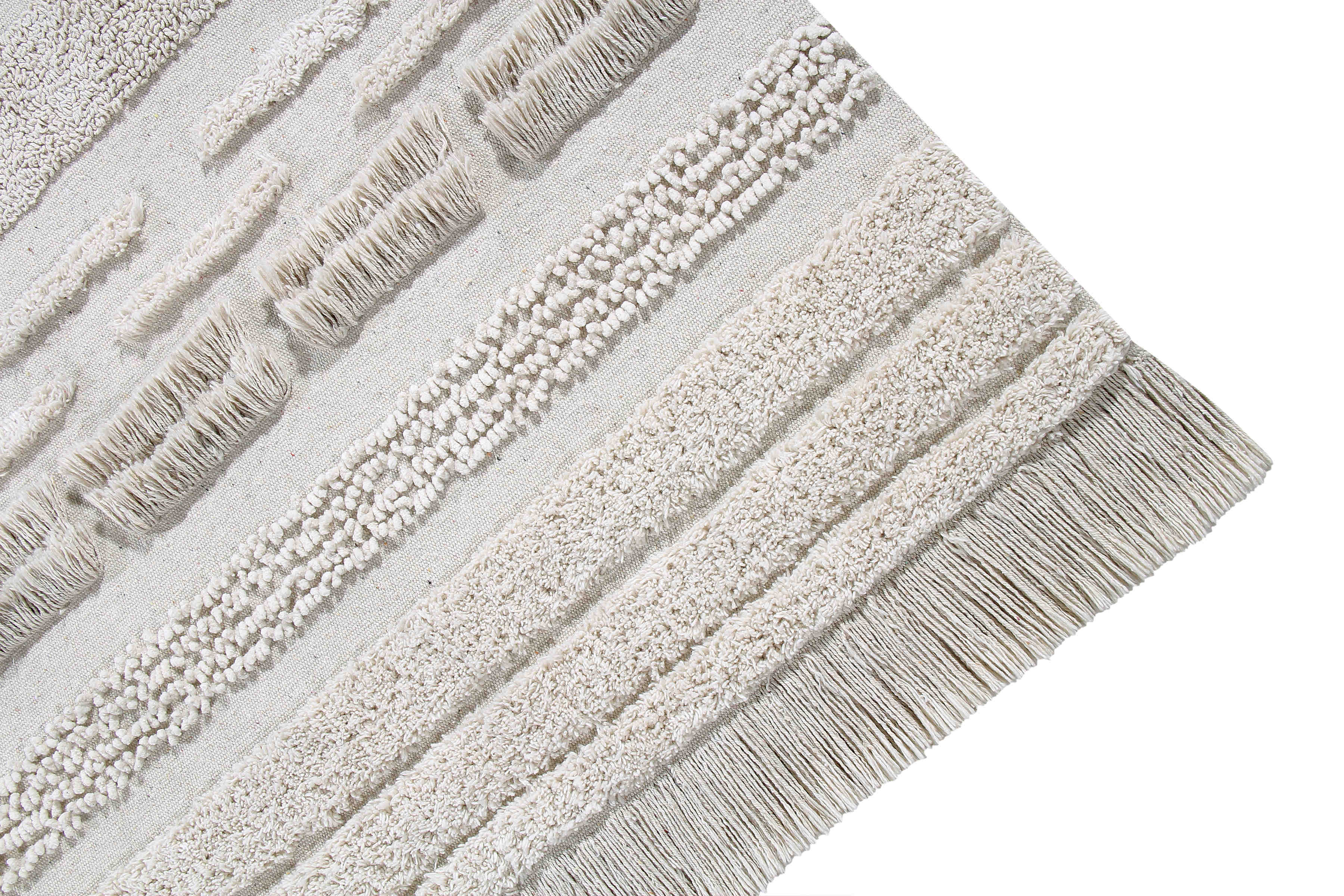 Rectangular natural beige rug decorated with a raised textured stripe pattern