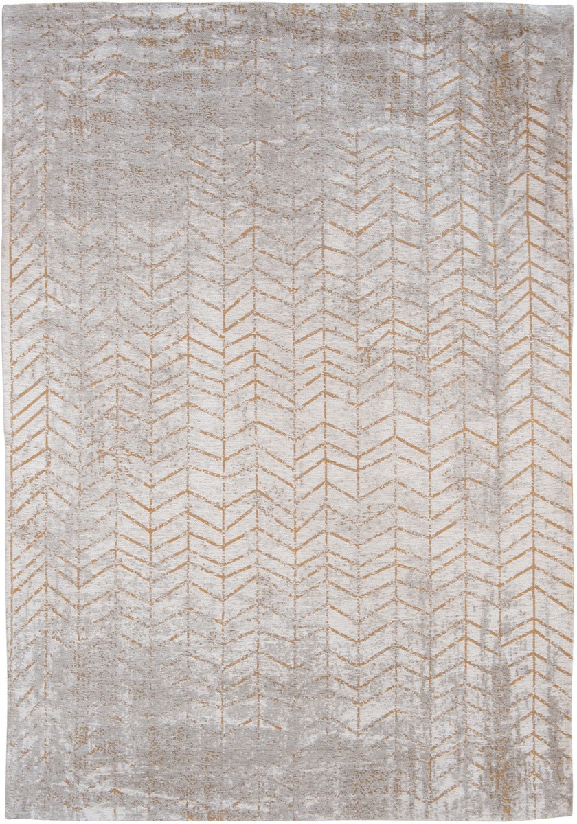 White flatweave rug with faded yellow chevron pattern