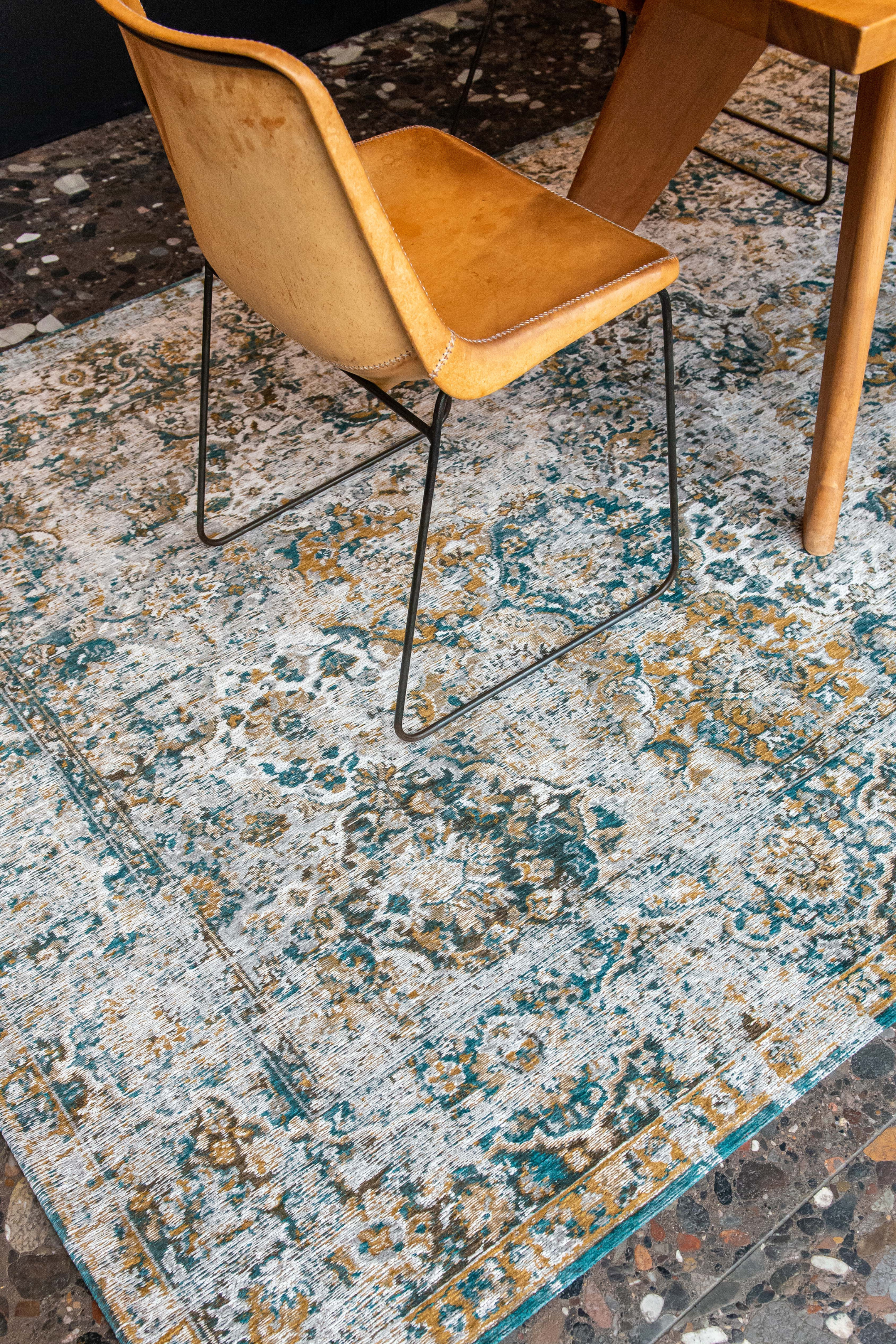 white, blue and yellow vintage style rug