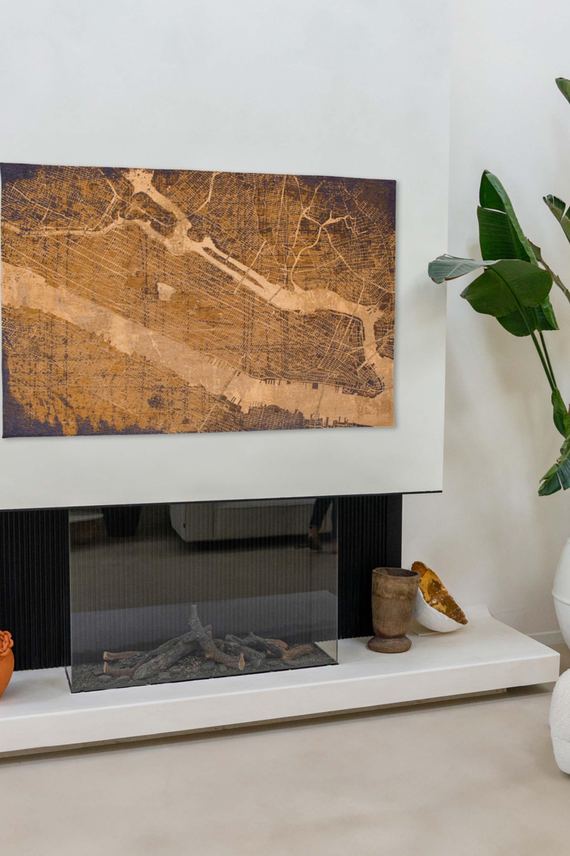 Gold abstract rug with a pattern inspired by the map of New York