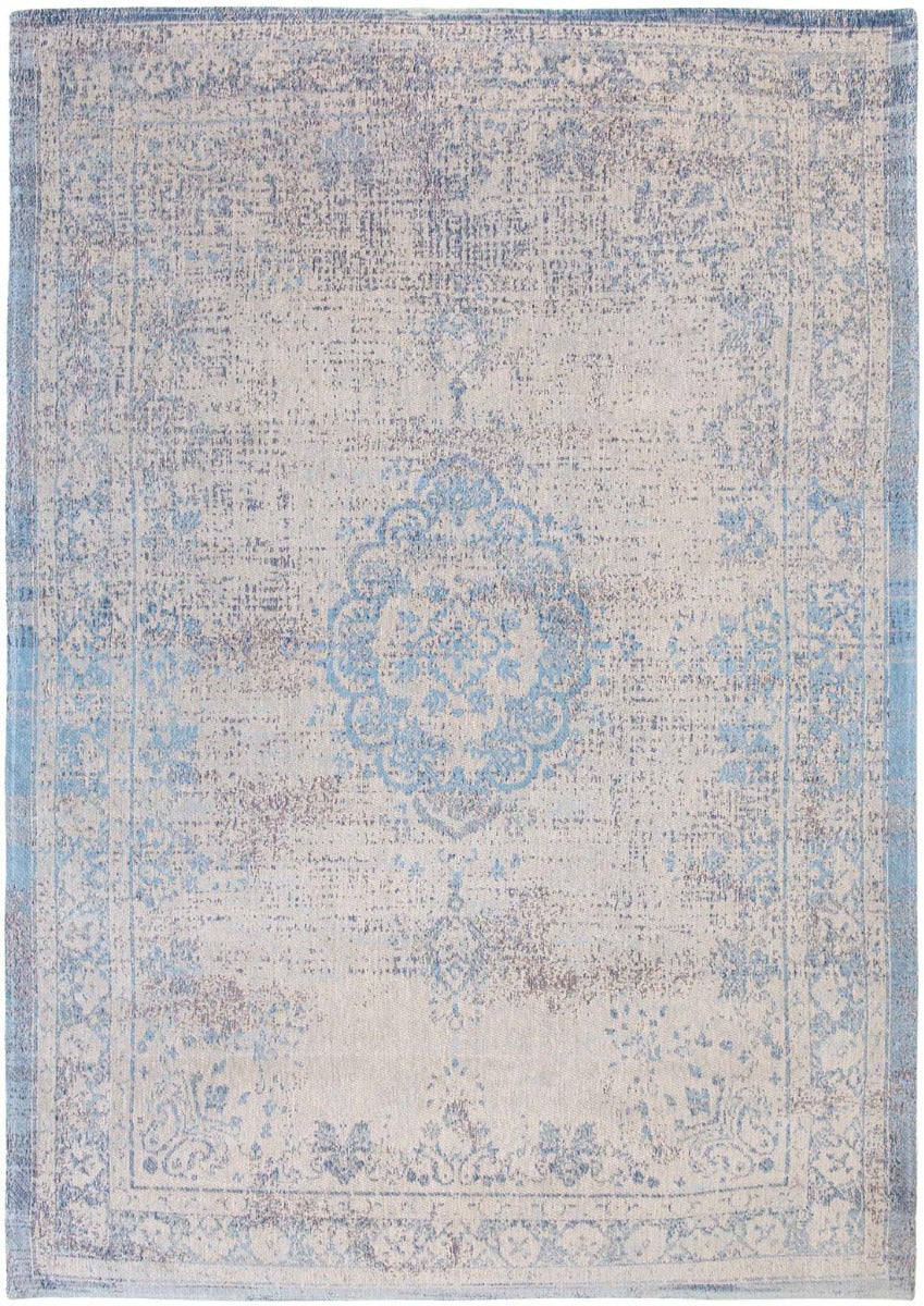 blue and grey flatweave rug with traditional medallion design